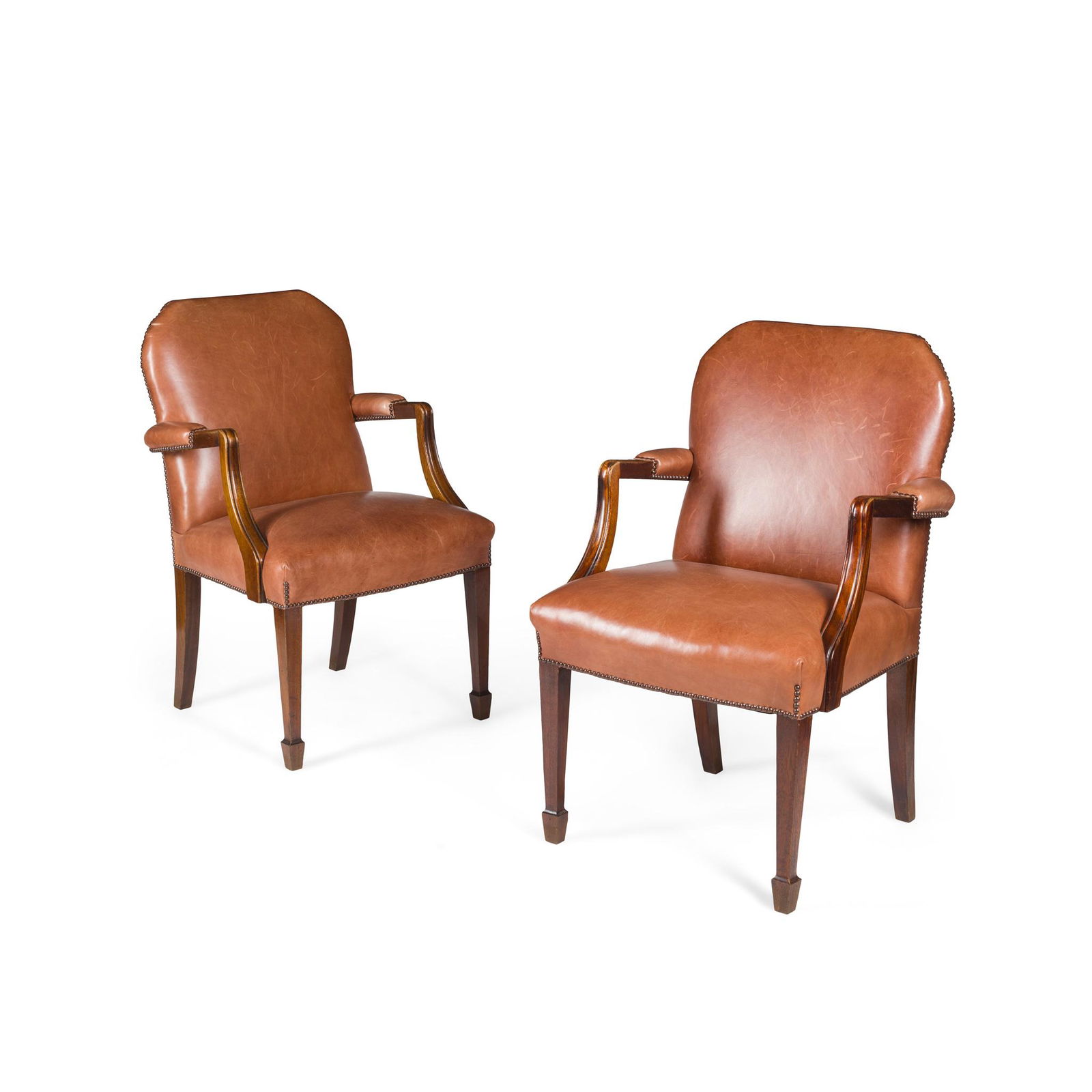 PAIR OF LEATHER UPHOLSTERED MAHOGANY OPEN ARMCHAIRS (1 of 1)
