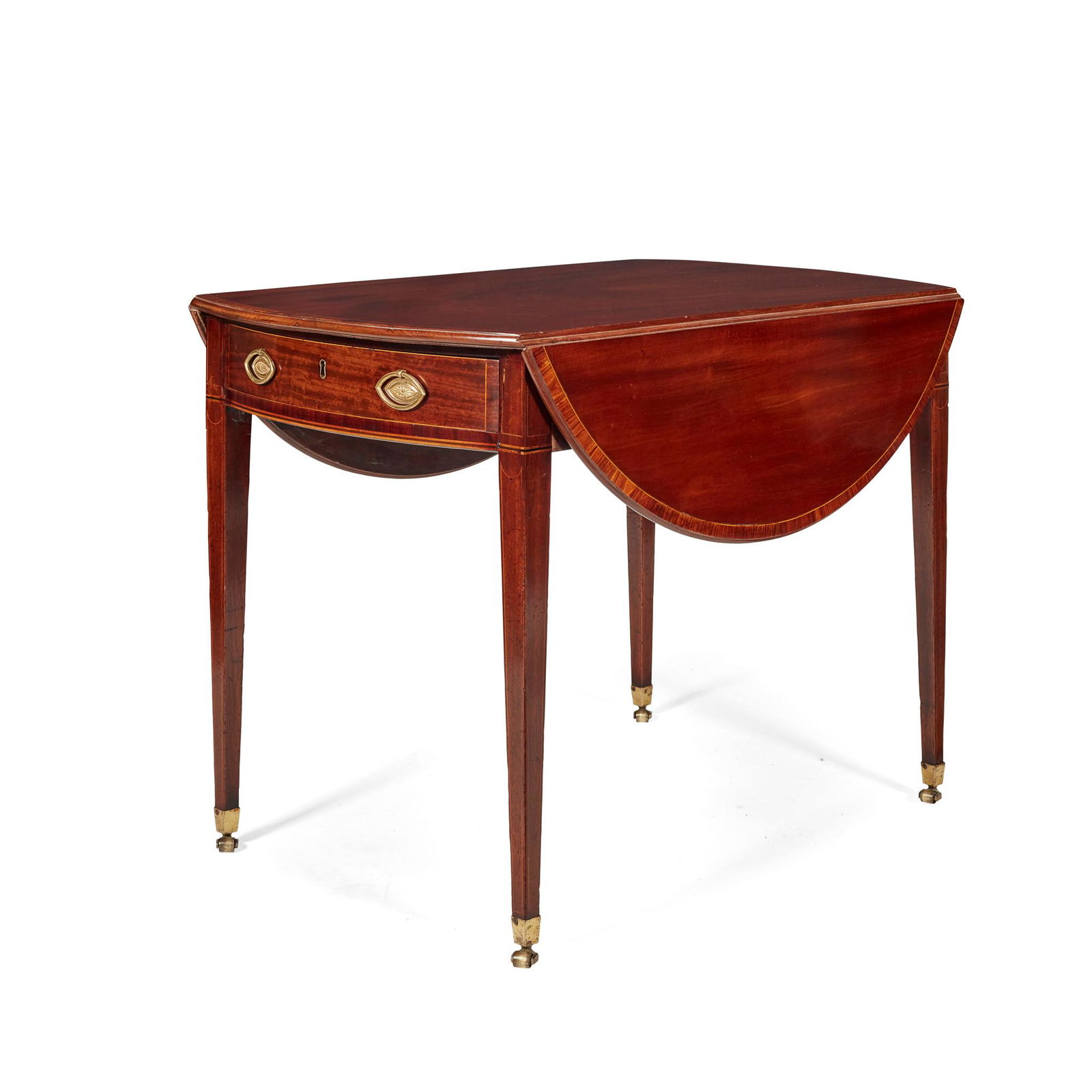 GEORGIAN MAHOGANY AND KINGWOOD PEMBROKE TABLE 18TH: the oval crossbanded top above a frieze drawer to one end, a dummy drawer opposing, raised on square tapered legs ending in brass caps and castors (Dimensions: 58cm wide, 110cm [open], 73cm high, 90cm