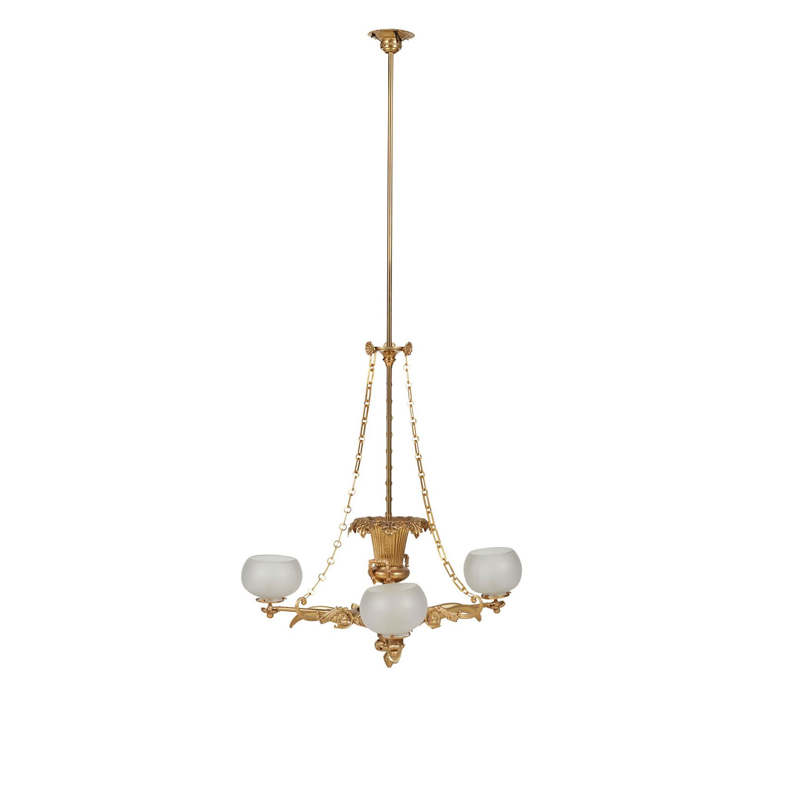 GILT BRONZE GASOLIER IN THE MANNER OF WILLIAM COLLINS: the central stem a with three chain suspension, linked on scrolled arm supports to the central flaming twin handled urn, the three branches with drip pans and opaque globular glass bulbs (Dimensions: