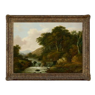 WILLIAM TRAIES (BRITISH 1789-1872) A WOODED RIVER: Signed, oil on canvas, and a companion a pair 'A wooded river landscape with fisherman' (2) (Dimensions: 61cm x 84cm (24in x 33 in))(61cm x 84cm (24in x 33 in))Provenance: Collection of Dr. John A. Pa