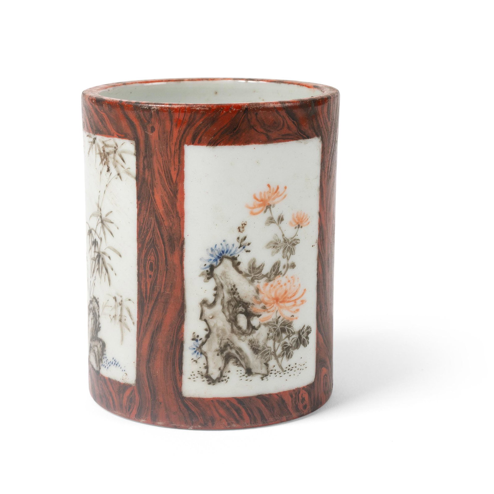 'FAUX BOIS' PORCELAIN BRUSH POT 20TH CENTURY: browns and grey (9.6cm high)