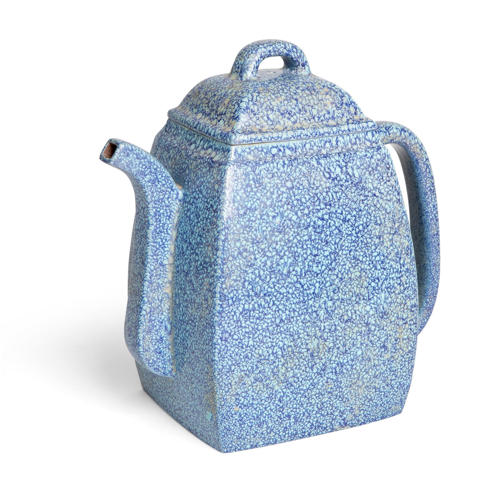 ROBIN'S-EGG-GLAZED YIXING STONEWARE TEAPOT LATE QING: with a tall square body, both the body and the domed cover covered in a thick layer of Lu-Jun-glaze fused with light and dark blue colours, the interior and the foot rim revealed the original purplish