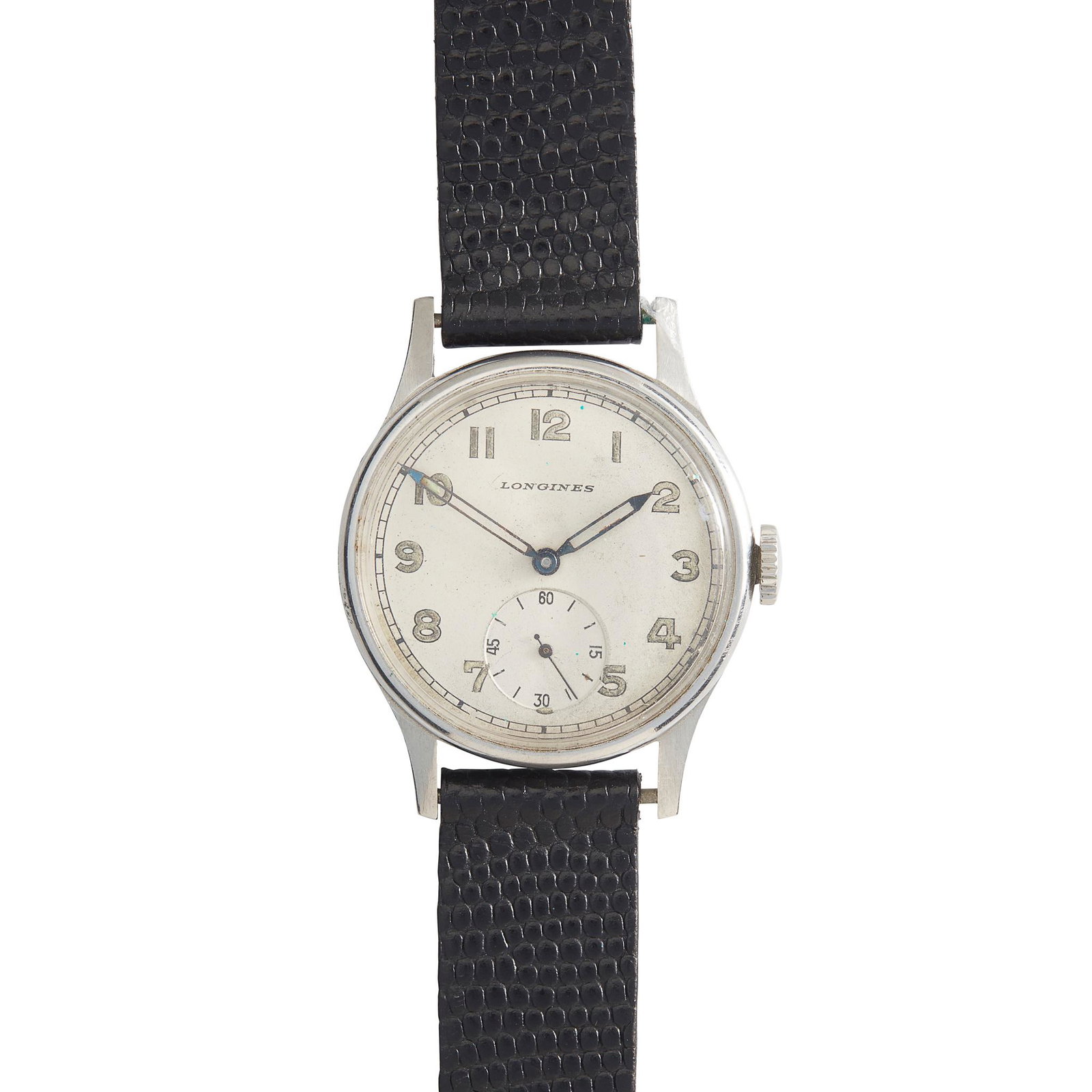 Longines: A gentleman's wrist watch: Longines: A gentleman's wrist watch early 1940s, stainless steel case, signed Longines manual wind movement, the round white dial with lume-filled Arabic numerals, sunken small seconds at 6, railroad 