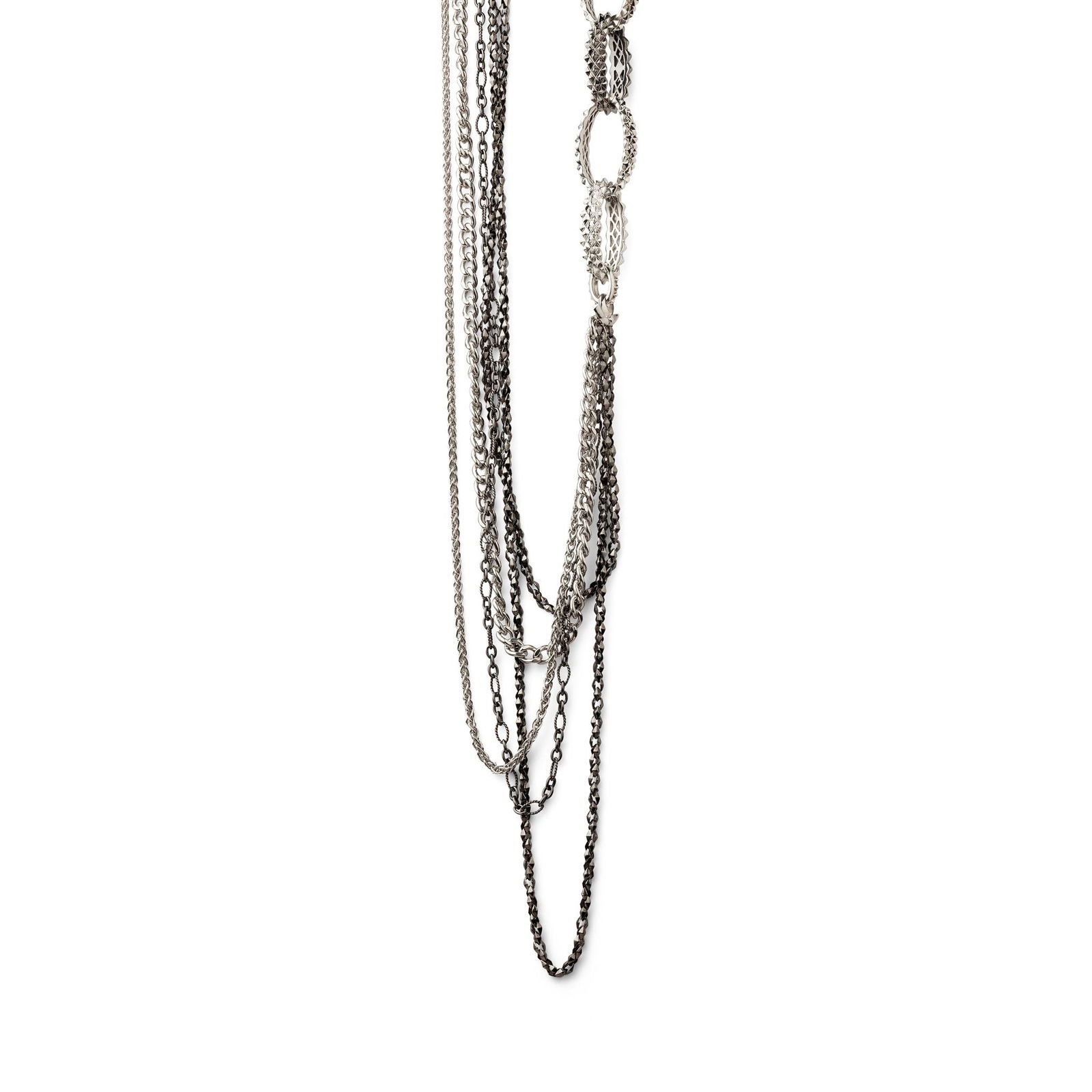 A silver 'Superstud' necklace, by Stephen Webster: Composed of five silver and blackened silver chains of various design, connected by a series of loops with stud decoration, maker's mark, partial UK hallmark (Dimensions: Length: 73.0cm)(Length: 73.0c
