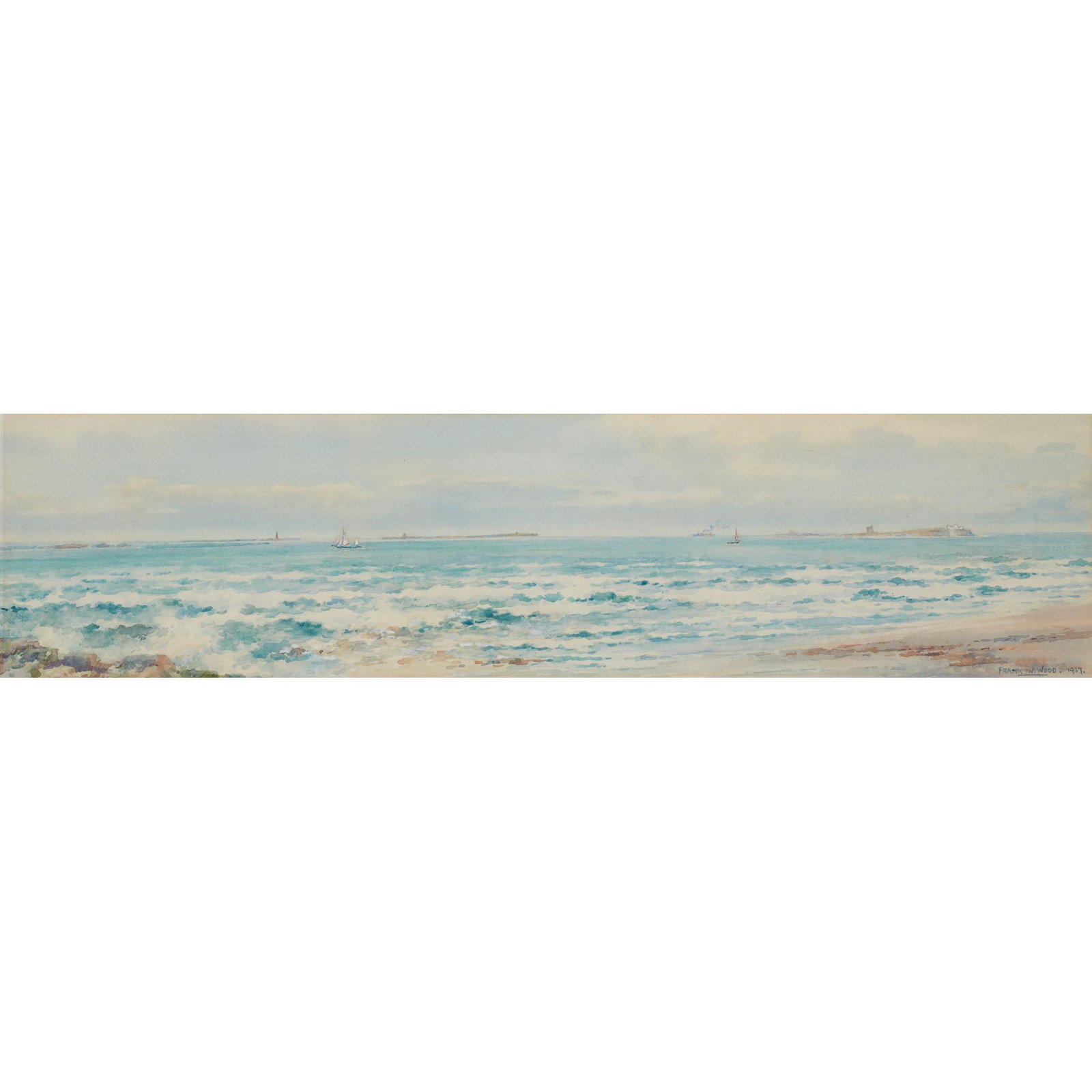 Â§ FRANK WATSON WOOD (BRITISH 1862-1953) LINDISFARNE: Signed and dated 1937 lower right, watercolour and body colour (Dimensions: 17cm x 73cm (6.75in x 28.75in)) (17cm x 73cm (6.75in x 28.75in))