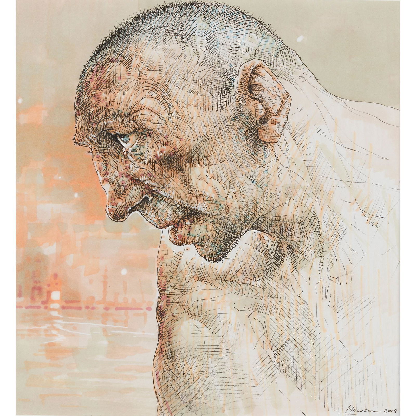 Â§ PETER HOWSON O.B.E. (SCOTTISH 1958-) CLYDE: Â§ PETER HOWSON O.B.E. (SCOTTISH 1958-) CLYDE Signed and dated 2019 bottom right, mixed media on paper(19cm x 18cm (7.5in x 7in))