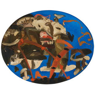 § MAURICE COCKRILL R.A., F.B.A. (BRITISH 1936-2013): § MAURICE COCKRILL R.A., F.B.A. (BRITISH 1936-2013) GENERATION - COBALT III, 1994 Signed and inscribed with title and dated verso, oil on canvas, oval(41cm x 50cm (16in x 19.75in))