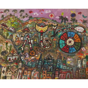 Â§ ALAN DAVIE C.B.E., R.A., H.R.S.A. (BRITISH: Â§ ALAN DAVIE C.B.E., R.A., H.R.S.A. (BRITISH 1920-2014) WHEEL OF FORTUNE OVER THE VILLAGE, 1998 Signed and inscirbed with title and dated verso, oil canvasboard(30cm x 37.5cm (11.75in x 14.75in))Ex