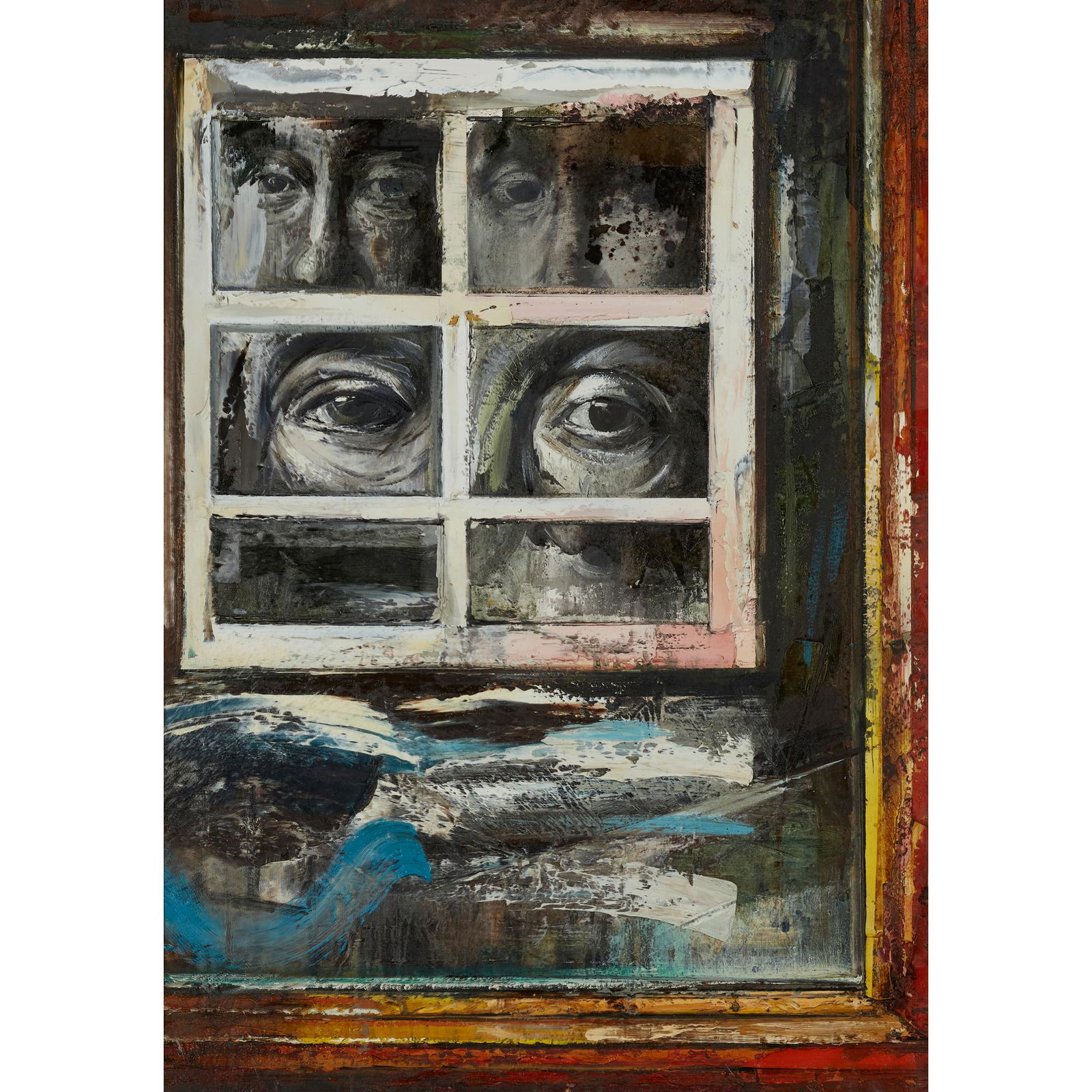 Â§ JOHN MONKS (BRITISH 1954-) STILL LIFE WITH EYE II,: Â§ JOHN MONKS (BRITISH 1954-) STILL LIFE WITH EYE II, 1996 Signed and dated '96 verso, oil on canvas(105cm x 75cm (41.5in x 29.5in))Exhibited: Beaux Arts, London