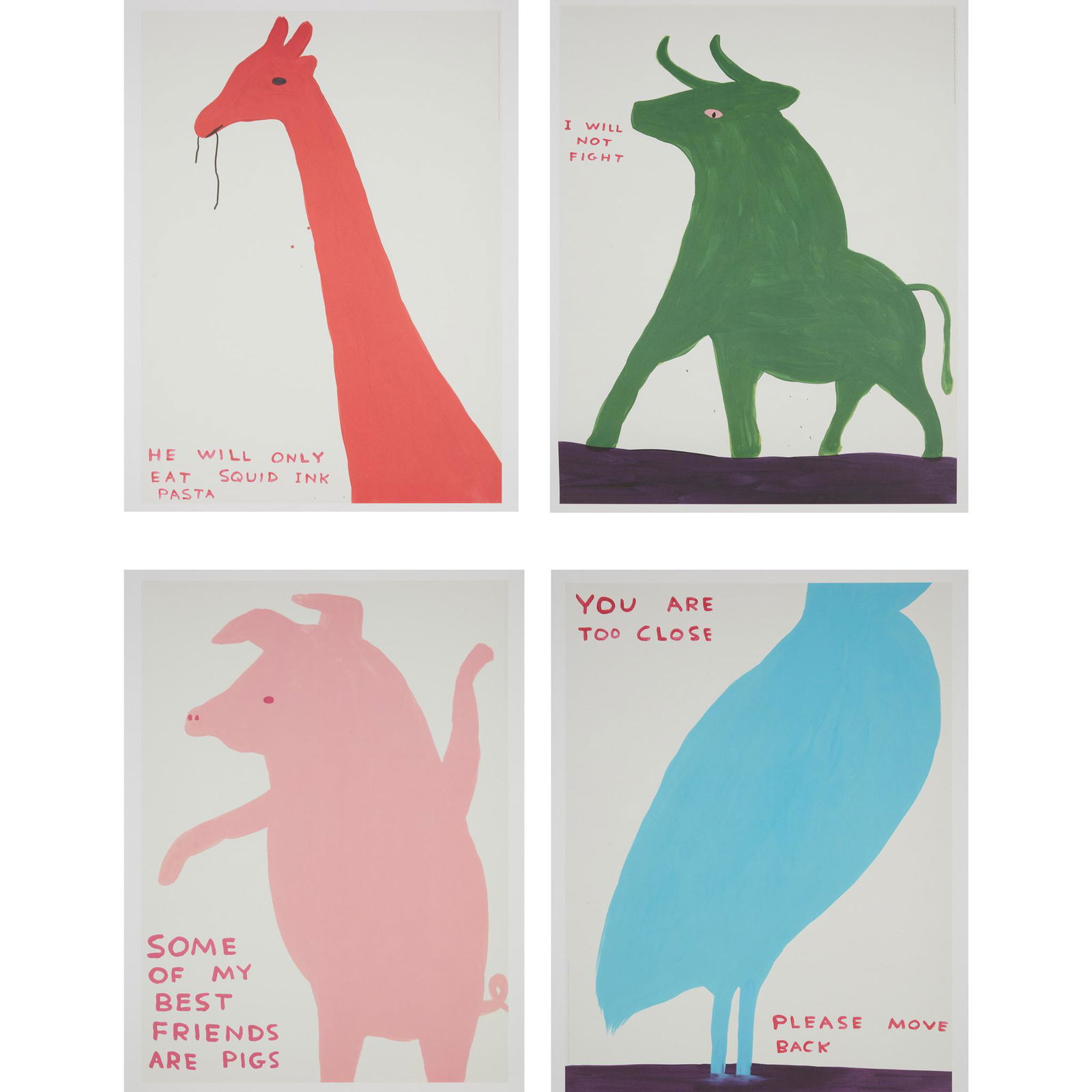 Â§ DAVID SHRIGLEY O.B.E. (BRITISH 1968-) ANIMALS SERIES: Â§ DAVID SHRIGLEY O.B.E. (BRITISH 1968-) ANIMALS SERIES (SET OF 4) - 2020 Off-set lithographic posters(each 80cm x 60cm (31.5in x 23.5in), unframed)