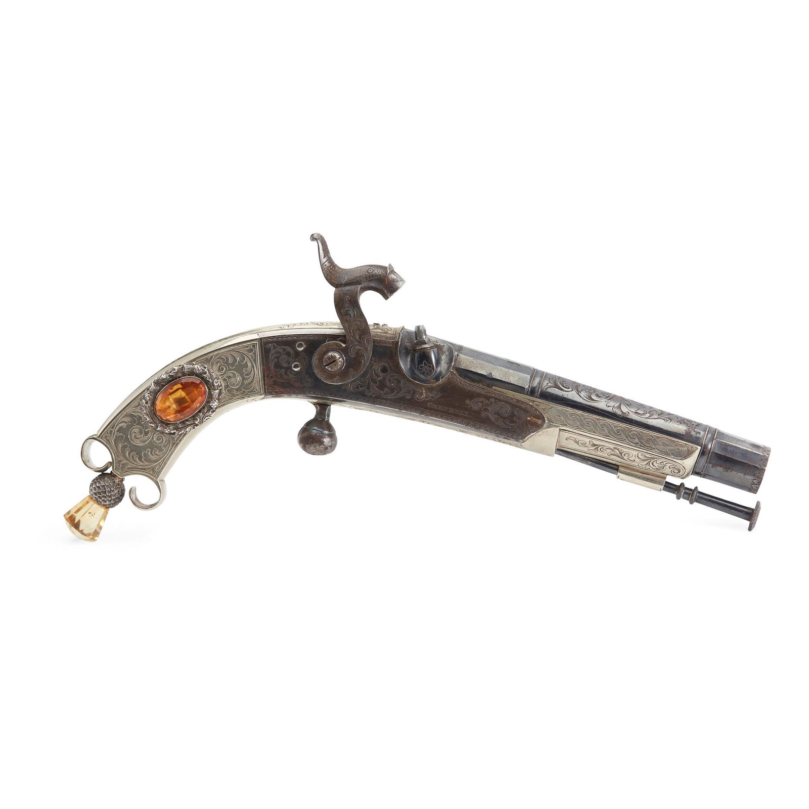 SCOTTISH BLUED STEEL AND GERMAN SILVER PERCUSSION LOCK: SCOTTISH BLUED STEEL AND GERMAN SILVER PERCUSSION LOCK SCROLL BUTT HIGHLAND BELT PISTOL signed CAMPBELL on the lock, gemstone inset on butt and forming the pricker terminal as a thistle head original 