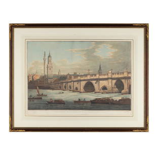 TWO COLOURED AQUATINT PRINTS OF VIEWS OF LONDON, AFTER: TWO COLOURED AQUATINT PRINTS OF VIEWS OF LONDON, AFTER JOSEPH FARINGTON, PUBLISHED BY WILLIAM BYRNE EARLY 19TH CENTURY to include 'THE CHURCH OF ST MAGNUS AND THE MONUMENT' and 'VIEW OF BLACKFRIARS BR
