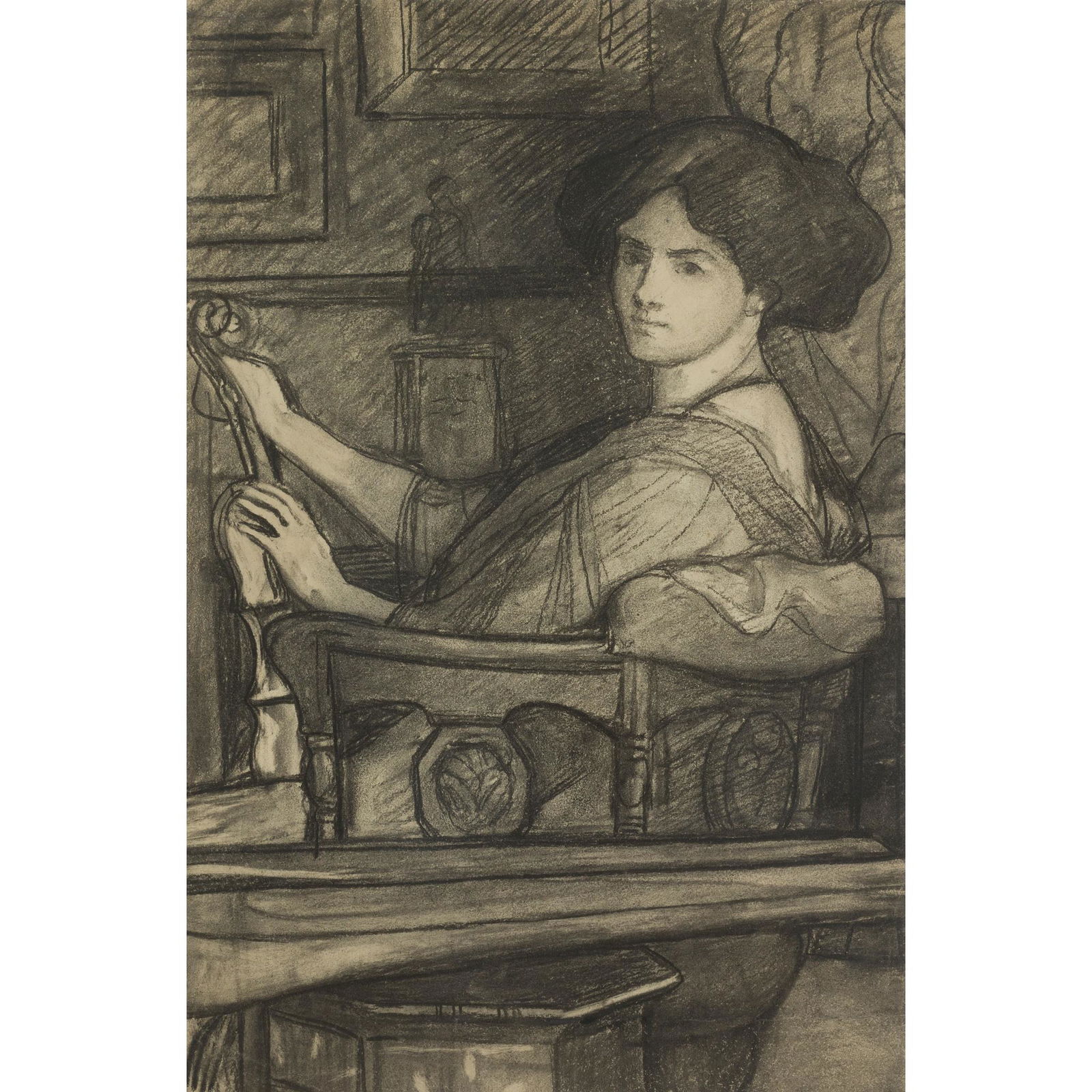 SIR WILLIAM BLAKE RICHMOND R.A. (BRITISH 1842-1874): SIR WILLIAM BLAKE RICHMOND R.A. (BRITISH 1842-1874) GIRL PLAYING VIOLIN Charcoal (44.5cm x 68.5cm (17.5in x 27in))