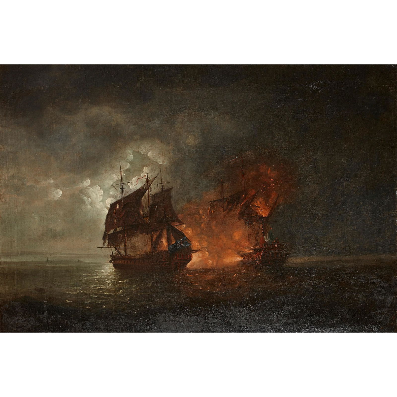 FOLLOWER OF THOMAS LUNY THE MOONLIGHT ENGAGEMENT: FOLLOWER OF THOMAS LUNY THE MOONLIGHT ENGAGEMENT BETWEEN THE FRIGATE H.M.S. TERPSICAE AND LA VESTIALE Oil on canvas (61cm x 89cm (24in x 35in)) Provenance: The Late Tony Edwards, Grange Farmhouse, St.