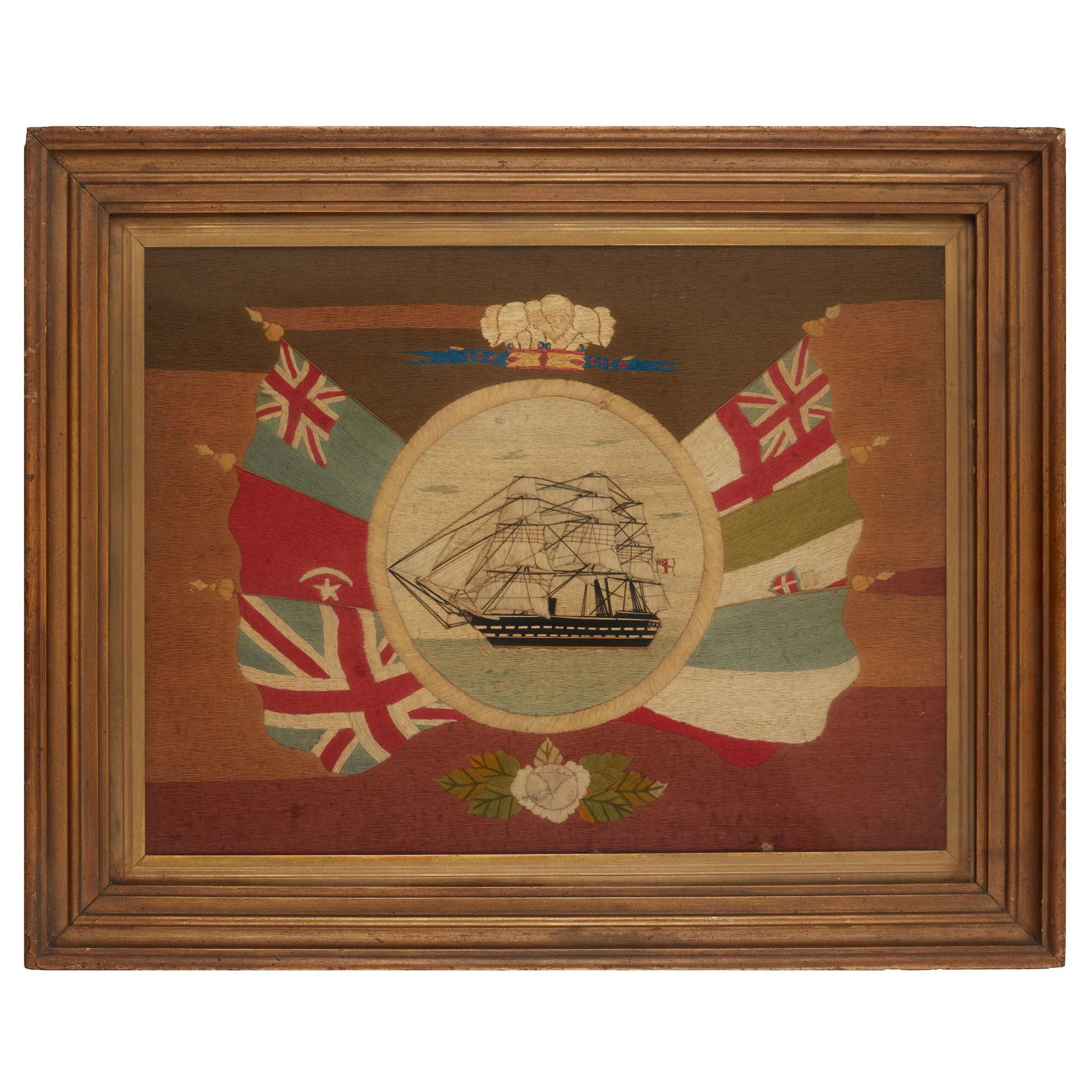 EARLY VICTORIAN SAILOR'S WOOLWORK SHIP PICTURE MID 19TH (1 of 3)