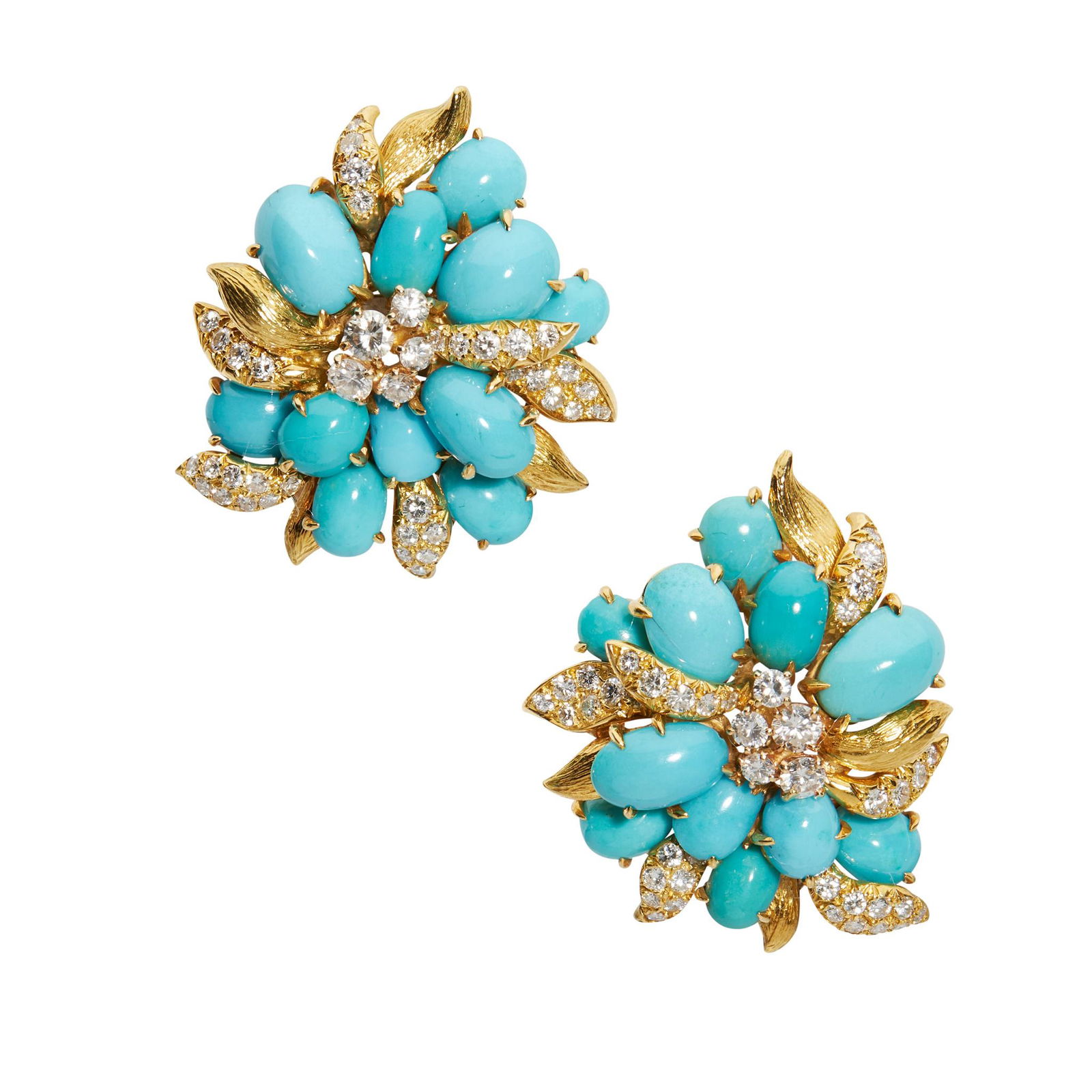 A pair of turquoise and diamond earrings, by Julius: A pair of turquoise and diamond earrings, by Julius Cohen each modelled as a floral spray, set with graduated cabochon turquoise and round brilliant-cut diamonds, with textured 14ct gold 'leaf' motifs