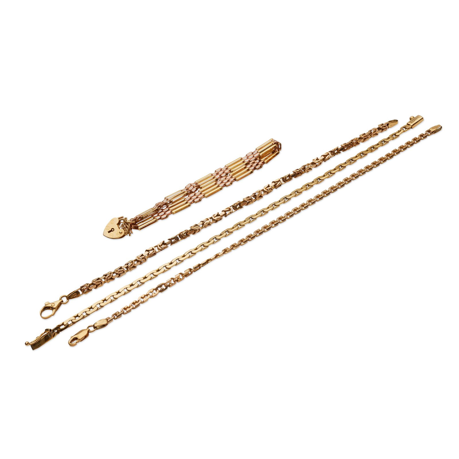 A collection of bracelets: A collection of bracelets to include a 9ct gold gate-link bracelet with padlock clasp; three further 9ct gold fancy link bracelets (Gross weight: 28.6g) Qty: (4)