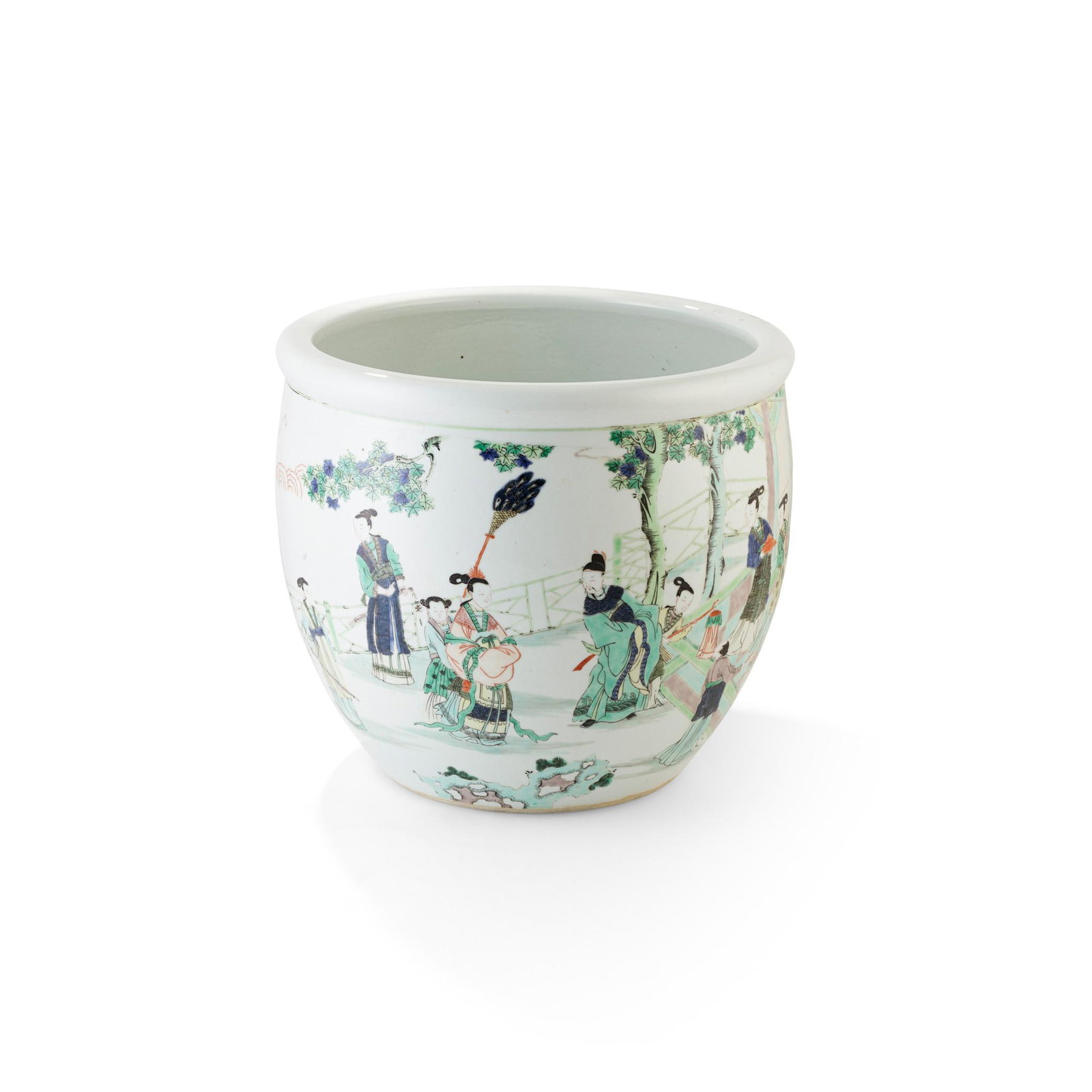 WUCAI BASIN QING DYNASTY, 19TH CENTURY: WUCAI BASIN QING DYNASTY, 19TH CENTURY æ¸… äº”ç²‰äººç‰©æ•…äº‹ç´‹å¤§å·ç¼¸ sturdily potted on a countersunk foot, raised to a tapered globular body and lipped rim
