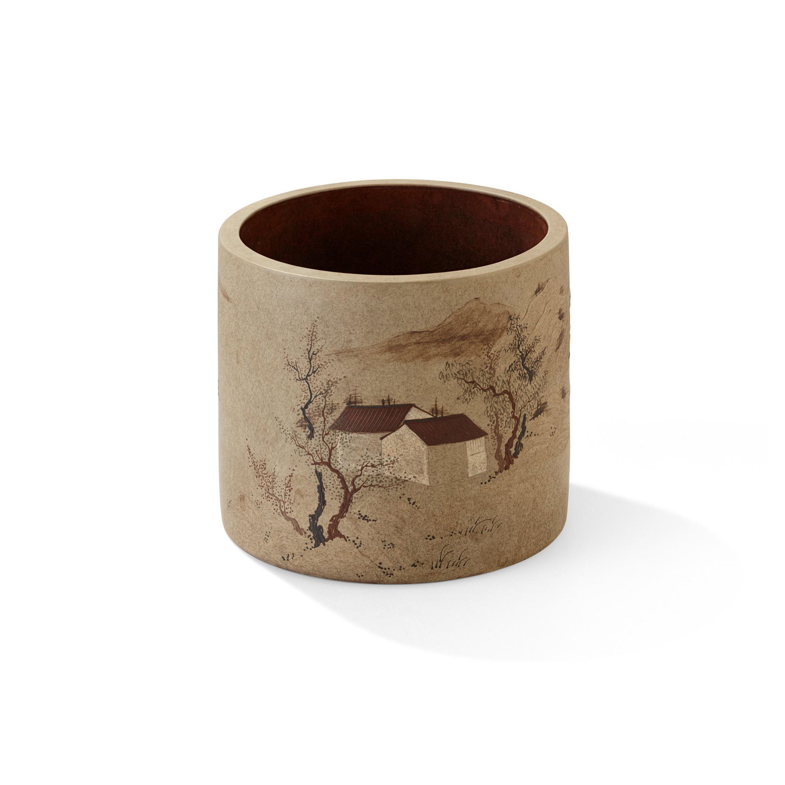 YIXING STONEWARE SLIP-DECORATED BRUSH POT: YIXING STONEWARE SLIP-DECORATED BRUSH POT æ¥Šå­£åˆæ¬¾ å®œèˆˆç´«ç ‚å±±æ°´äººç‰©ç´‹ç­†ç­’ of cylindrical form, decorated in various colours of slip with 