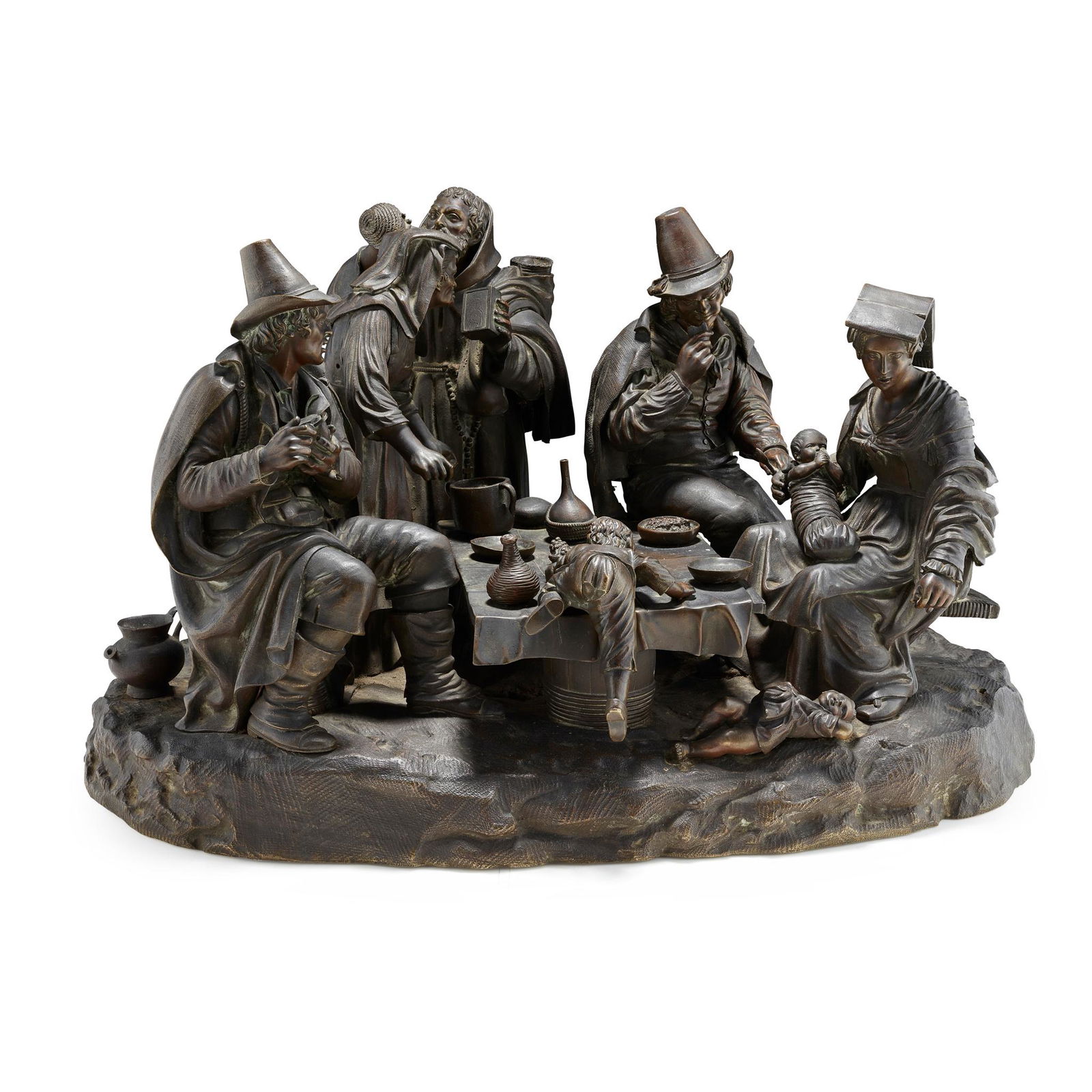 A LARGE CONTINENTAL BRONZE GENRE SCENE FIGURE GROUP: A LARGE CONTINENTAL BRONZE GENRE SCENE FIGURE GROUP 19TH CENTURY Depicting a Dutch christening party in the manner of Jan Steen, the figures eating and drinking while seated around a table, on an oval