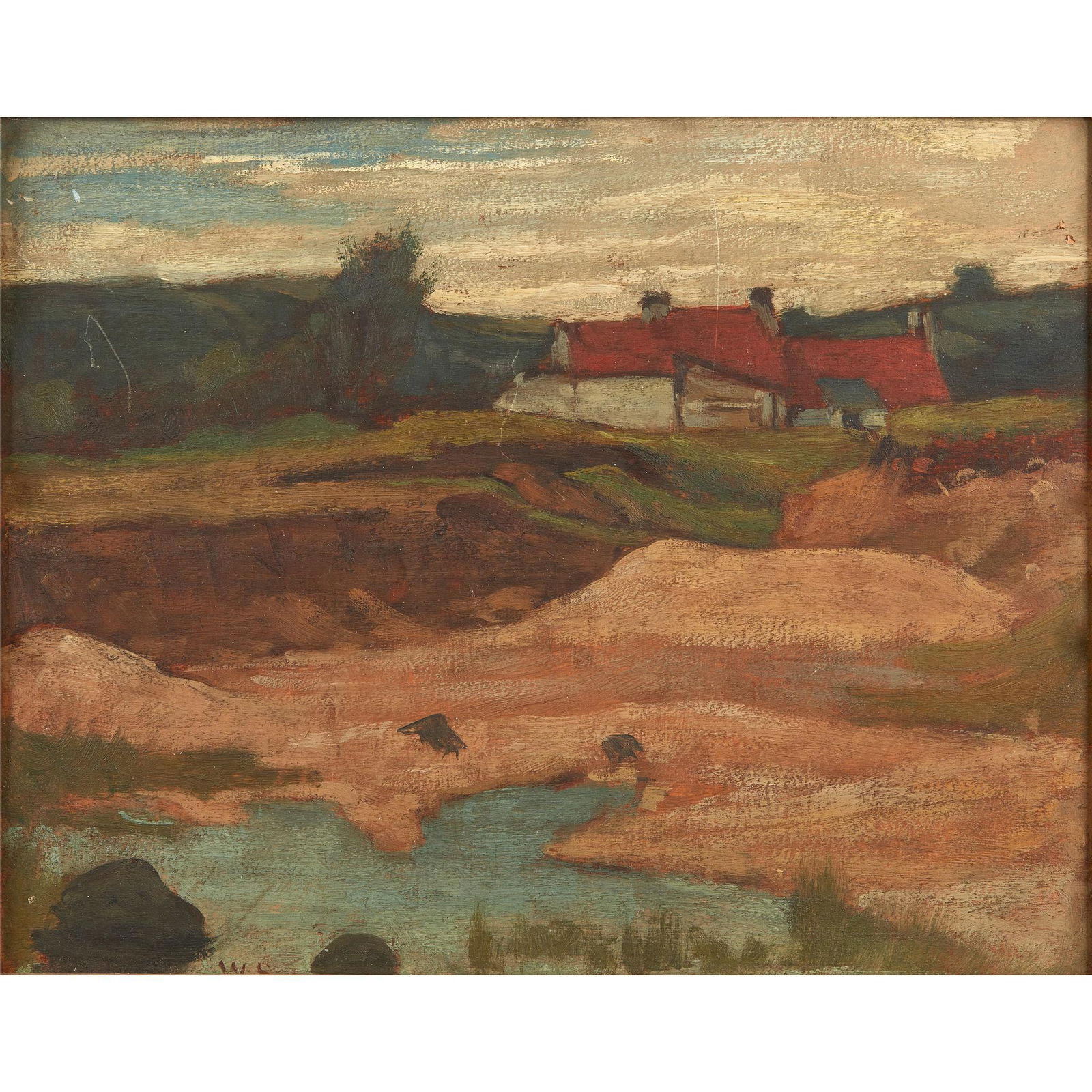 WILLIAM STRANG R.A., R.P.E. (SCOTTISH 1859-1921) THE: WILLIAM STRANG R.A., R.P.E. (SCOTTISH 1859-1921) THE SAND PIT Signed with initials, oil on panel; and a companion by the same hand 'A River Landscape' (20cm x 25.5cm (8in x 10in)) Qty: (2)