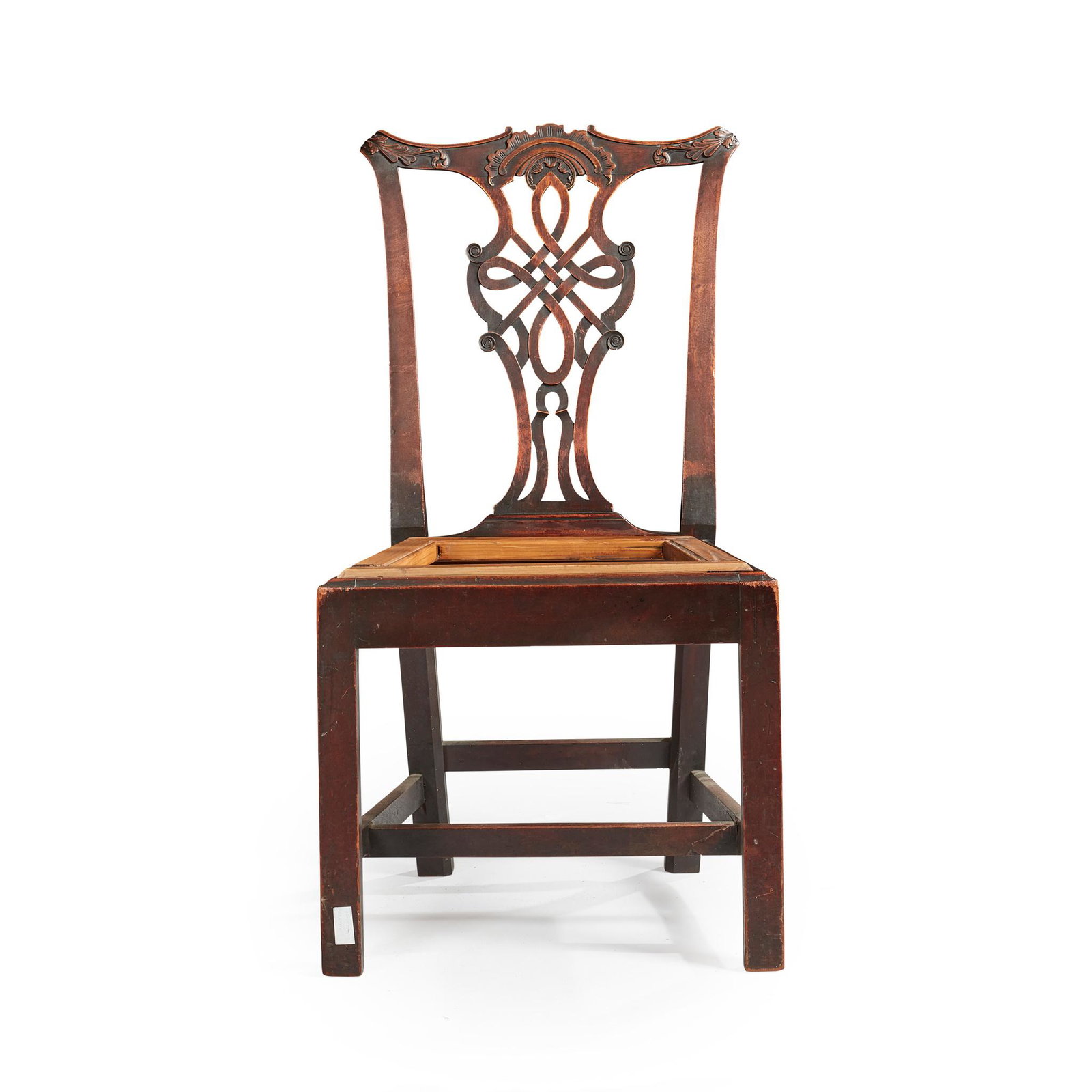 AN EARLY GEORGE III MAHOGANY SIDE CHAIR MID 18TH: AN EARLY GEORGE III MAHOGANY SIDE CHAIR MID 18TH CENTURY With foliate and rocaille carved top rail and interlaced splat, on square tapered legs joined by peripheral stretcher (50cm wide, 96cm high, 41