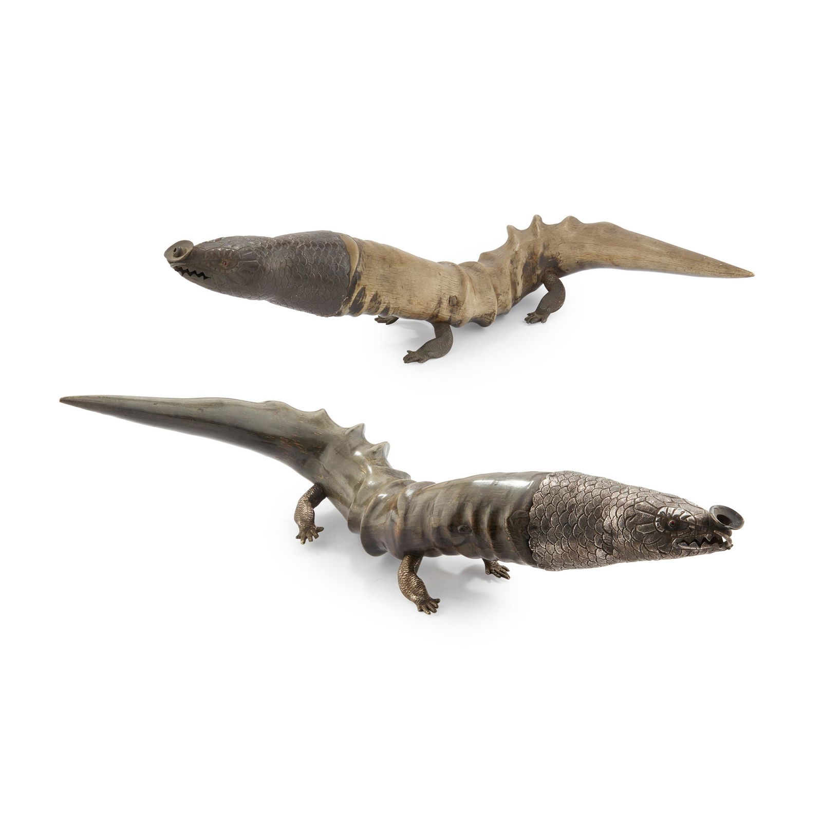 A PAIR OF CHINESE METAL MOUNTED HORN TABLE LIGHTERS (1 of 1)