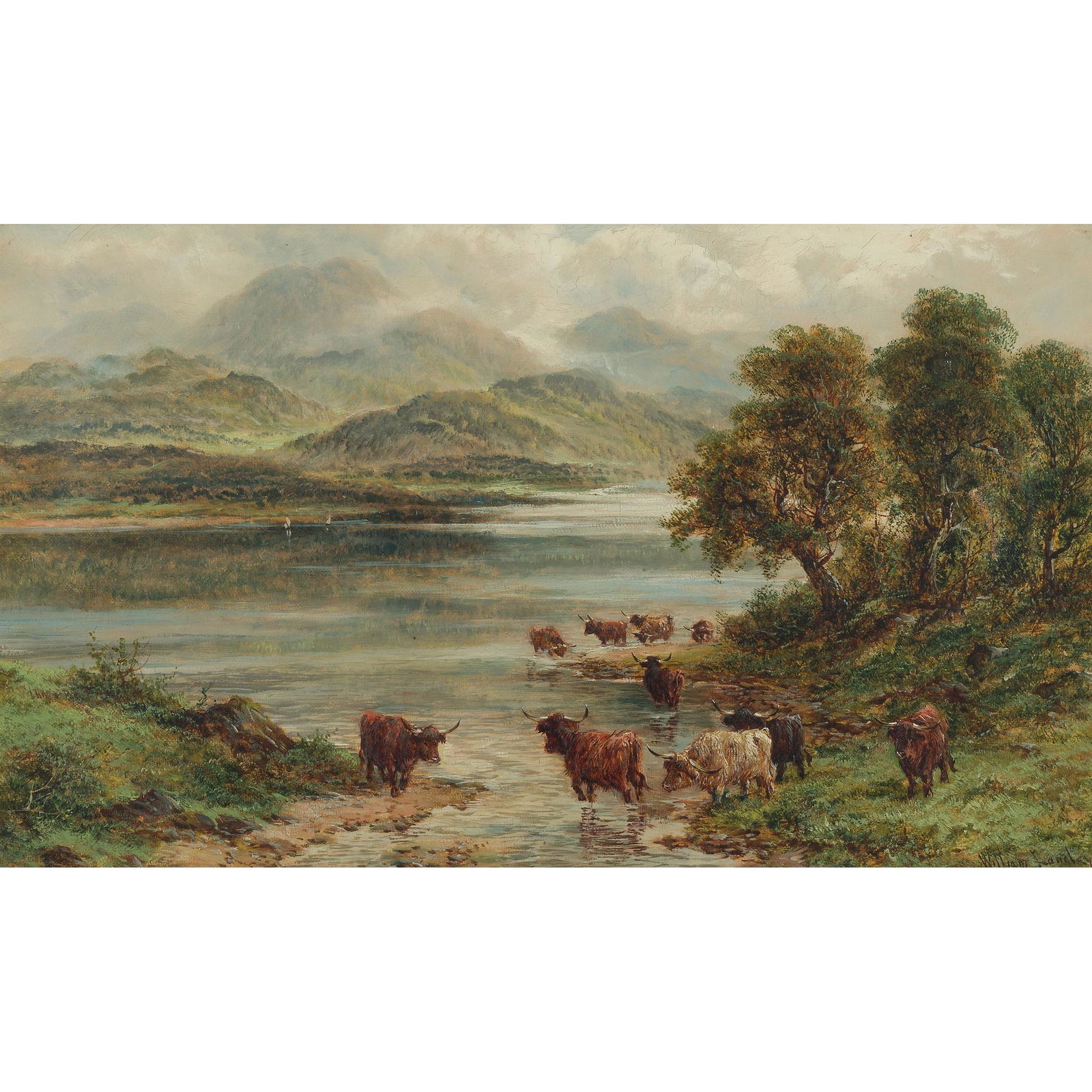 WILLIAM LANGLEY (1852-1922) CATTLE WATERING IN A: WILLIAM LANGLEY (1852-1922) CATTLE WATERING IN A MOUNTAIN STREAM Signed, oil on canvas, and another a pair by the same hand (2) (30.5cm x 51cm (12in x 20in))
