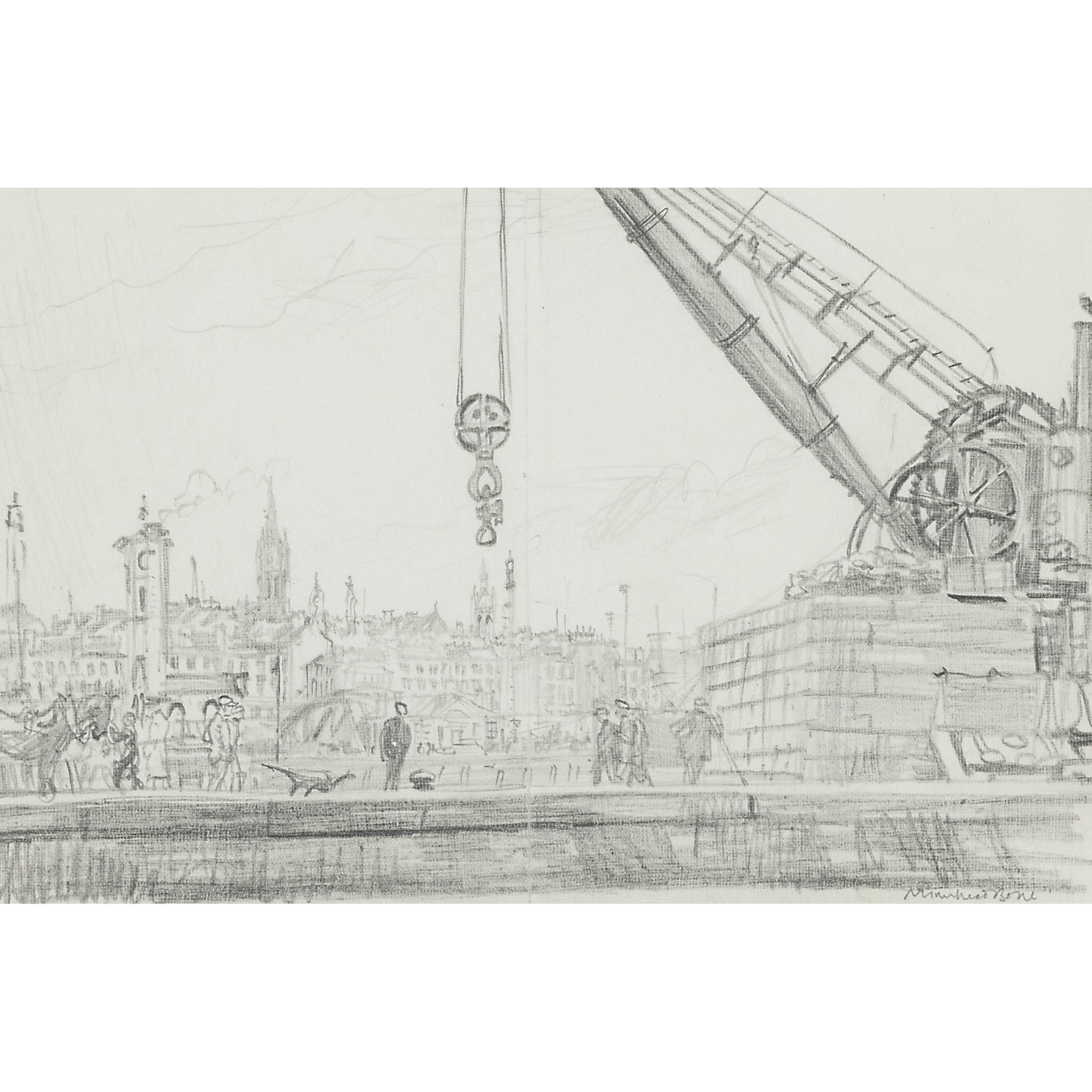 Â§ SIR MUIRHEAD BONE H.R.S.A., H.R.W.S., H.A.R.I.B.A.,: Â§ SIR MUIRHEAD BONE H.R.S.A., H.R.W.S., H.A.R.I.B.A., H.R.E., L.L.B., D.LITT (SCOTTISH 1876-1953) GLASGOW UNIVERSITY FROM CESSNOCK DOCK Signed lower right, pencil on paper (14cm x 22cm (5.5in x 8.7