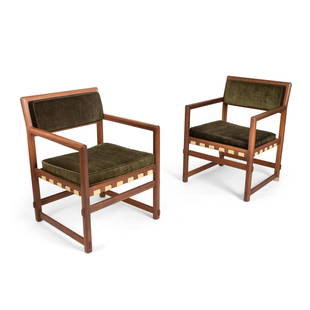 Edward Wormley (American 1907-1995) for Dunbar Pair of: Edward Wormley (American 1907-1995) for Dunbar Pair of Armchairs, designed 1957 model 5862, produced by Jules Wabbes and Mobilier Universel, walnut and green velvet upholstery (82.5cm high, 61.5cm wid