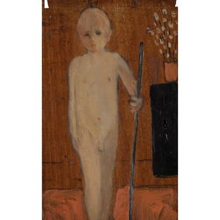 § ROSE HILTON (BRITISH 1931-2019) YOUNG BOY, 1972: § ROSE HILTON (BRITISH 1931-2019) YOUNG BOY, 1972 signed 'Phipps' (artist's maiden name), titled and dated (to reverse), oil on wooden cabinet door panel with keyhole lock (25.5cm x 17cm (10in x 6.