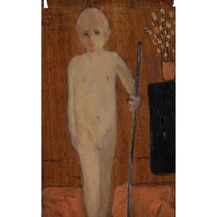 Â§ ROSE HILTON (BRITISH 1931-2019) YOUNG BOY, 1972: Â§ ROSE HILTON (BRITISH 1931-2019) YOUNG BOY, 1972 signed 'Phipps' (artist's maiden name), titled and dated (to reverse), oil on wooden cabinet door panel with keyhole lock (25.5cm x 17cm (10in x