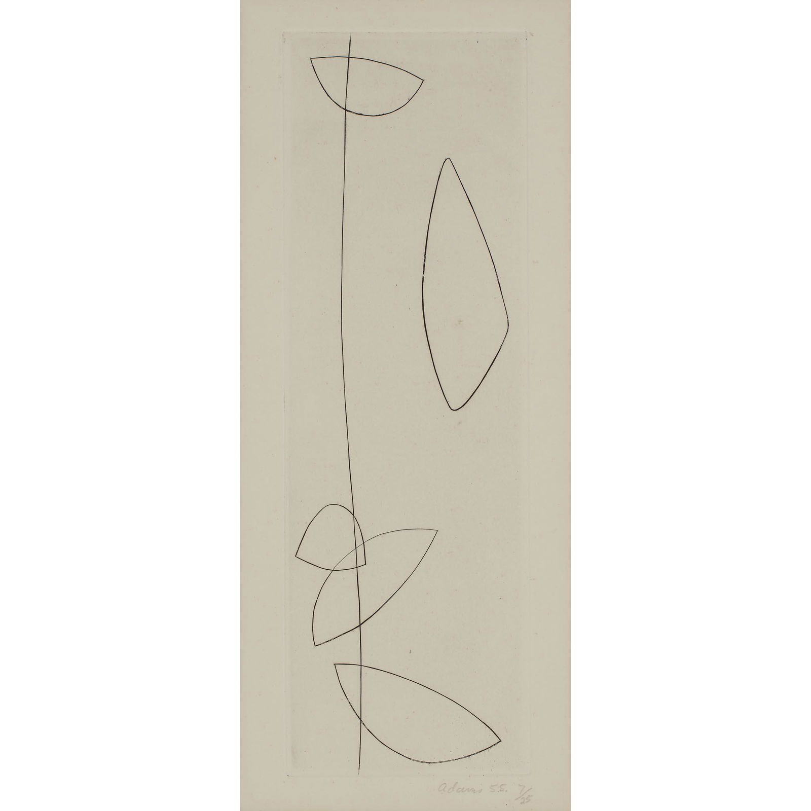 Â§ ROBERT ADAMS (BRITISH 1917-1984) DESCENDING FORMS,: Â§ ROBERT ADAMS (BRITISH 1917-1984) DESCENDING FORMS, 1955 7/25, signed, dated and numbered in pencil in the margin (lower right), inscribed 'Descending Forms / etching / series of 25 / 4'2gns / Rob