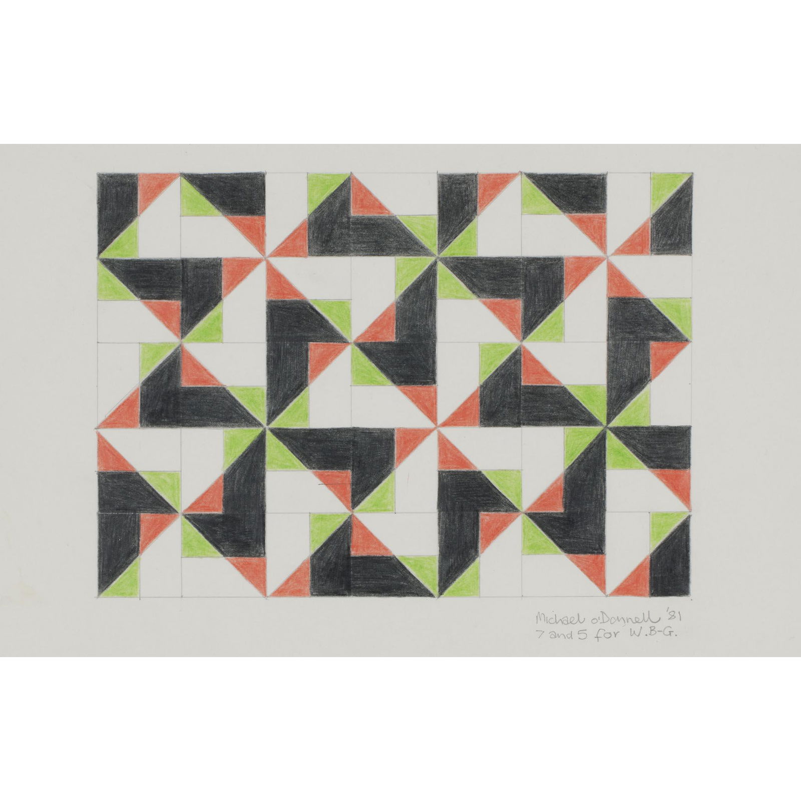 Â§ MICHAEL O'DONNELL (BRITISH 1946-) 7 AND 5 FOR: Â§ MICHAEL O'DONNELL (BRITISH 1946-) 7 AND 5 FOR W.B-G., 1981 Signed, inscribed and dated in pencil (lower right), pencil and crayons on paper (12.5cm x 17.5cm (5in x 7in)) Provenance: In Barns-Grah