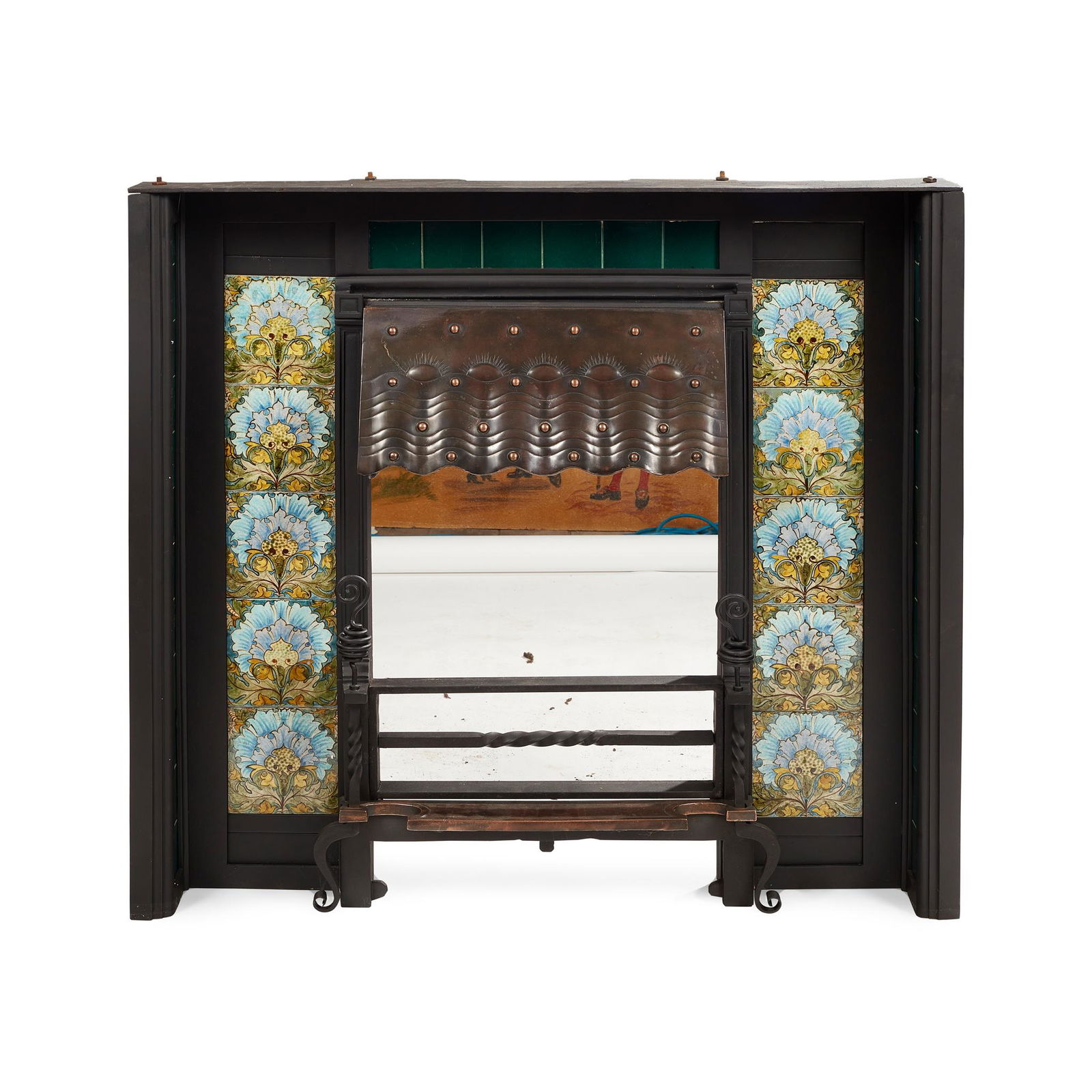 ENGLISH ARTS & CRAFTS FIRE SURROUND, CIRCA 1900: ENGLISH ARTS & CRAFTS FIRE SURROUND, CIRCA 1900 cast iron with inset tiled panels and copper canopy in the manner of John Pearson, cast mark MARLBOROUGH PATENT NO 13355 243C, REG NO 236240 (103cm wide