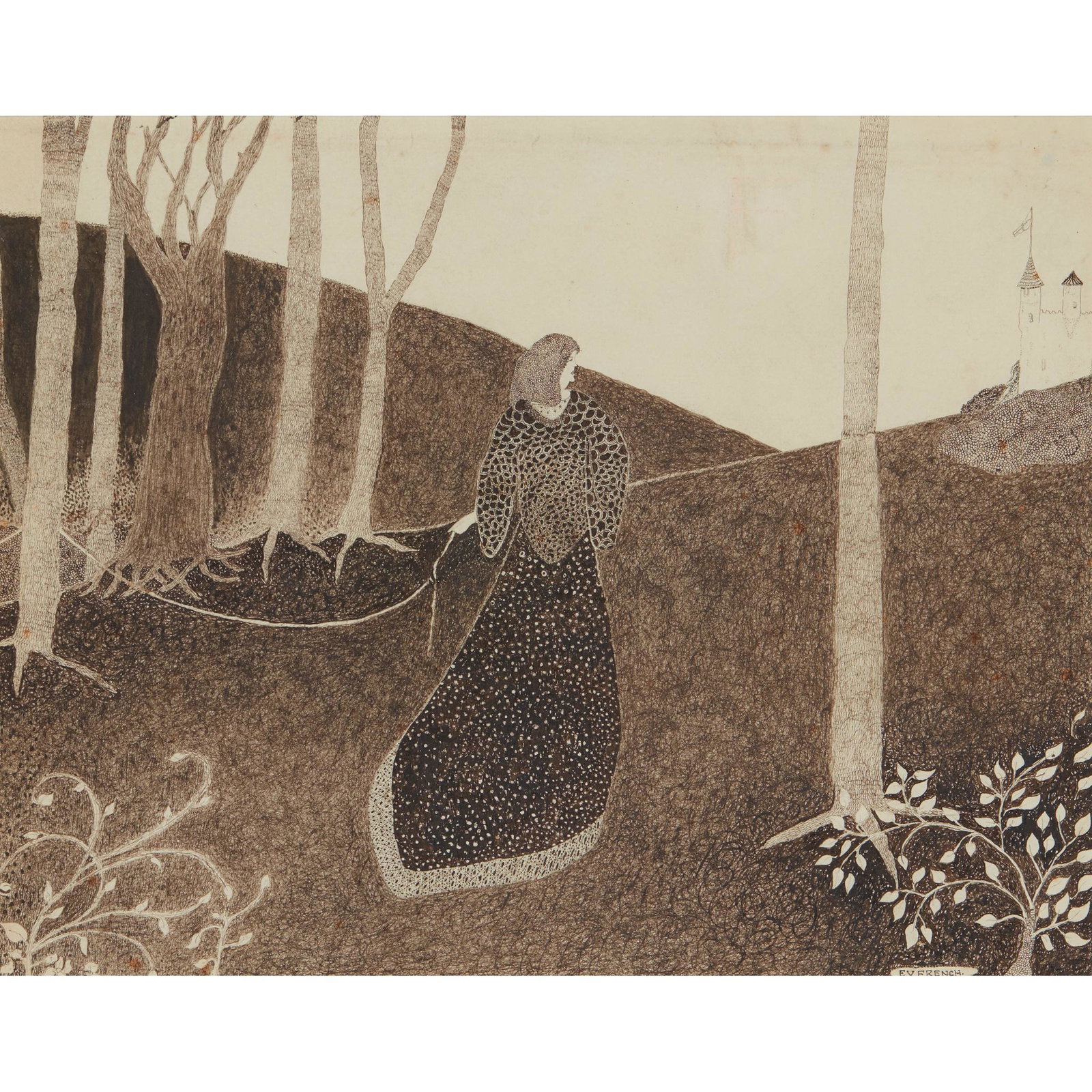 Â§ ERIC FRENCH LADY IN A FOREST: Â§ ERIC FRENCH LADY IN A FOREST pen and pencil on paper, signed lower right E. V. FRENCH (22.5cm x 28.5cm) Footnote: Note: Eric French was the nephew of the Glasgow artist Annie French. Eric was ver