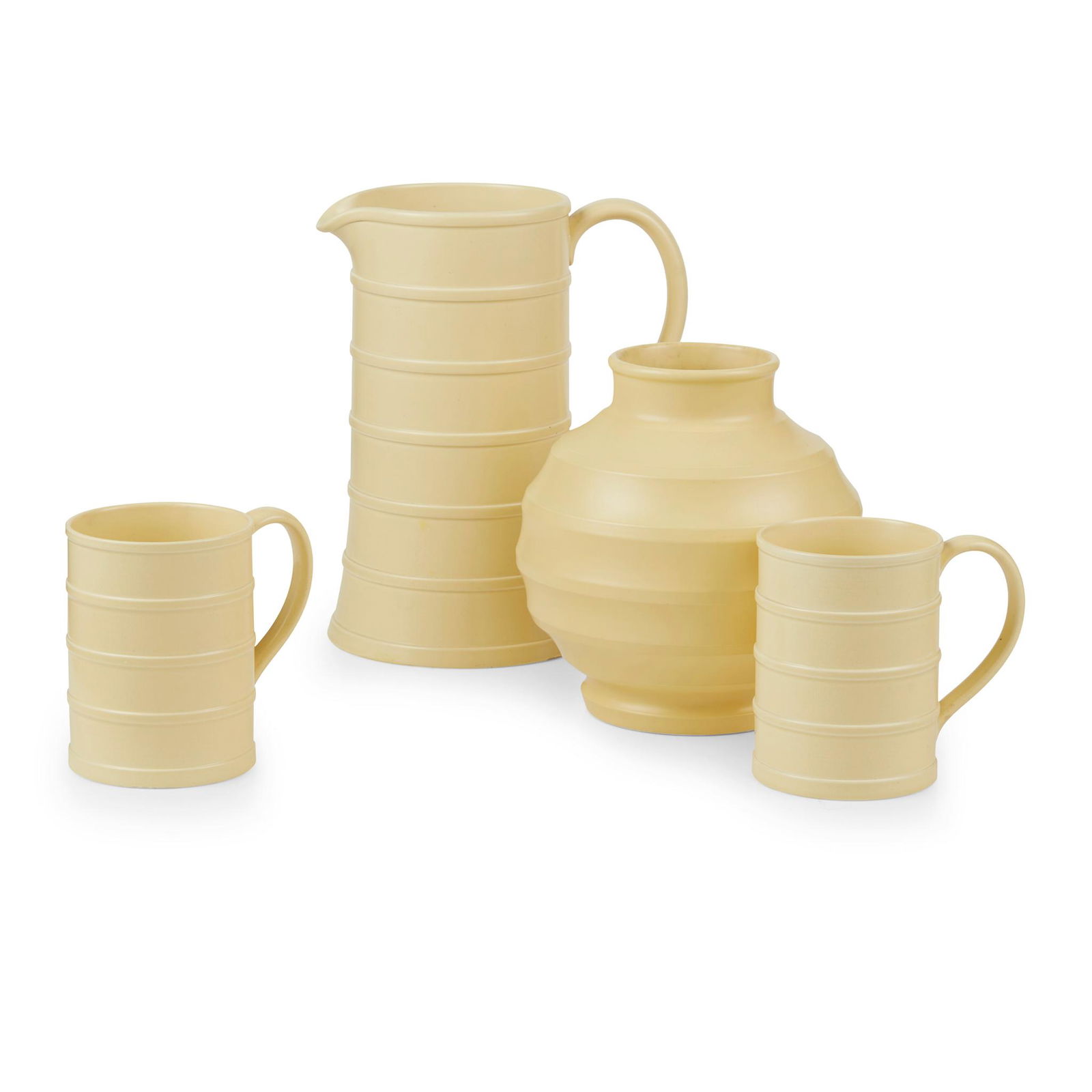 KEITH MURRAY (1892-1981) FOR WEDGWOOD OVOID EARTHENWARE: KEITH MURRAY (1892-1981) FOR WEDGWOOD OVOID EARTHENWARE VASE, CIRCA 1940 'Matt Straw' glazed earthenware, printed maker's marks, 19cm high; together with a WEDGWOOD LEMONADE SET BY KEITH MURRAY, compr