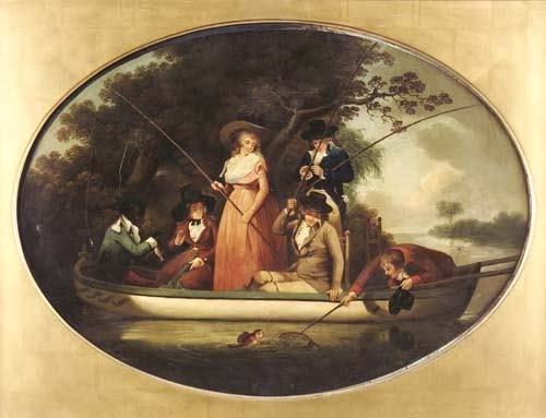 Manner of Francis Wheatley Fishing for Perch Oil: Manner of Francis WheatleyFishing for PerchOil on metalOval42cm x 57cm