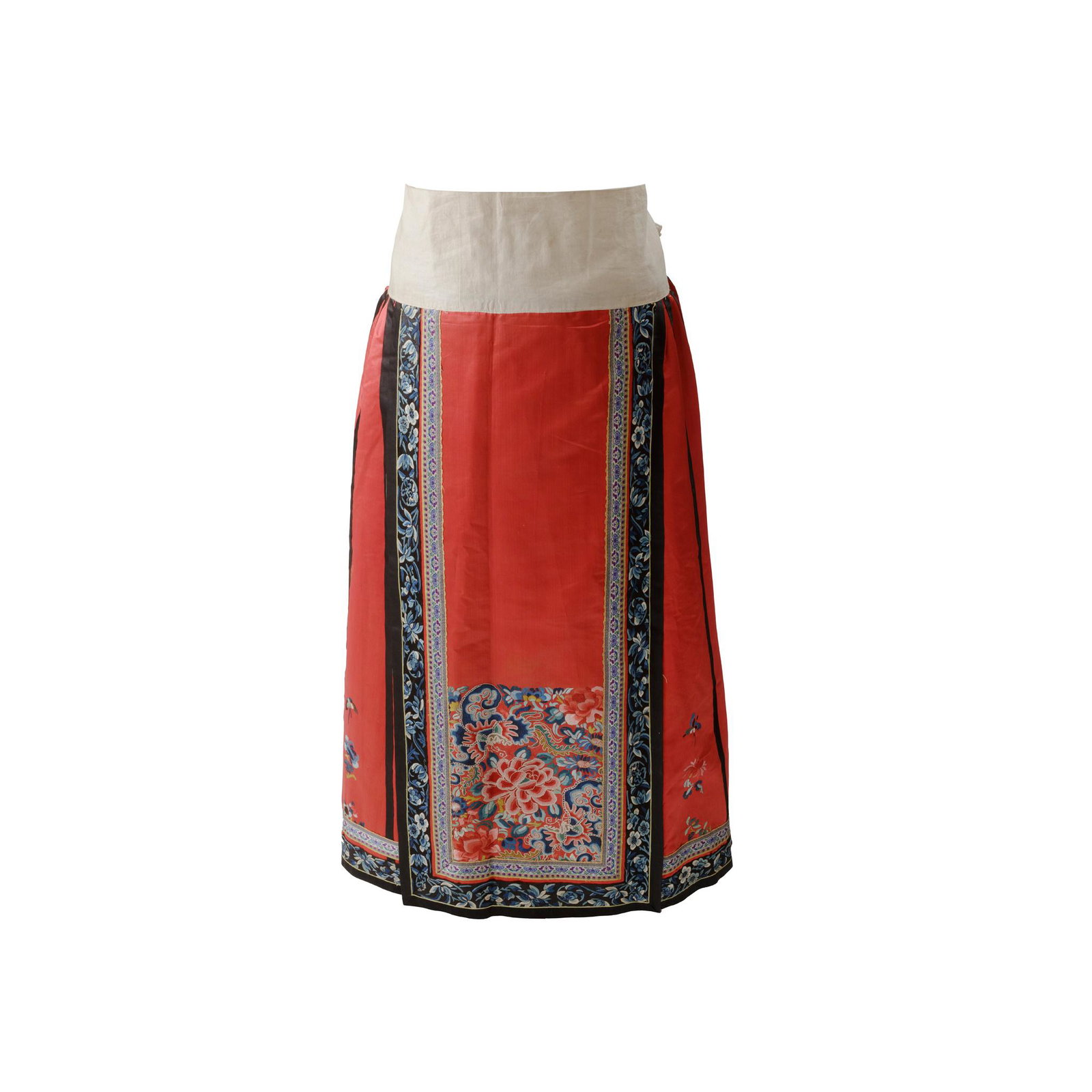 HAN CHINESE WOMAN'S EMBROIDERED RED SILK PLEATED SKIRT: the front and back panels embroidered in Peking knot with luscious peonies and butterflies, with black satin trim embroidered with sprays of flower in shades of blue, a wide cotton band to the upper b