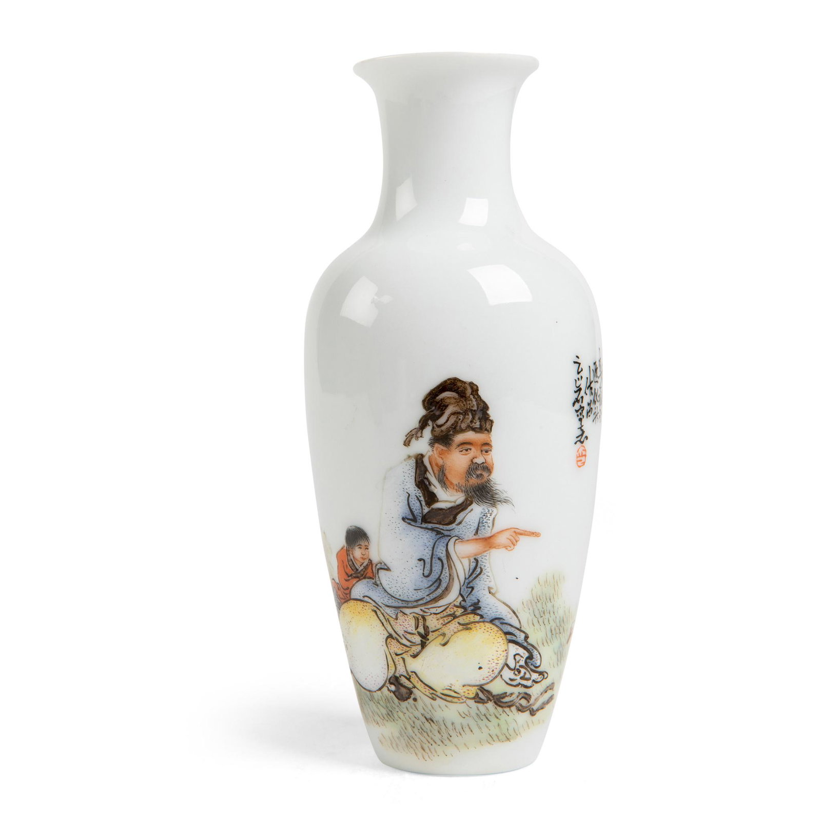 SMALL FAMILLE ROSE 'SCHOLAR AND GOOSE' BALUSTER VASE: supported on a recessed base, the exterior finely painted with a scholar Wang Xizhi with his young attendant and his admiration of goose, inscribed with Chinese poem, the base with a disc-shaped ungla