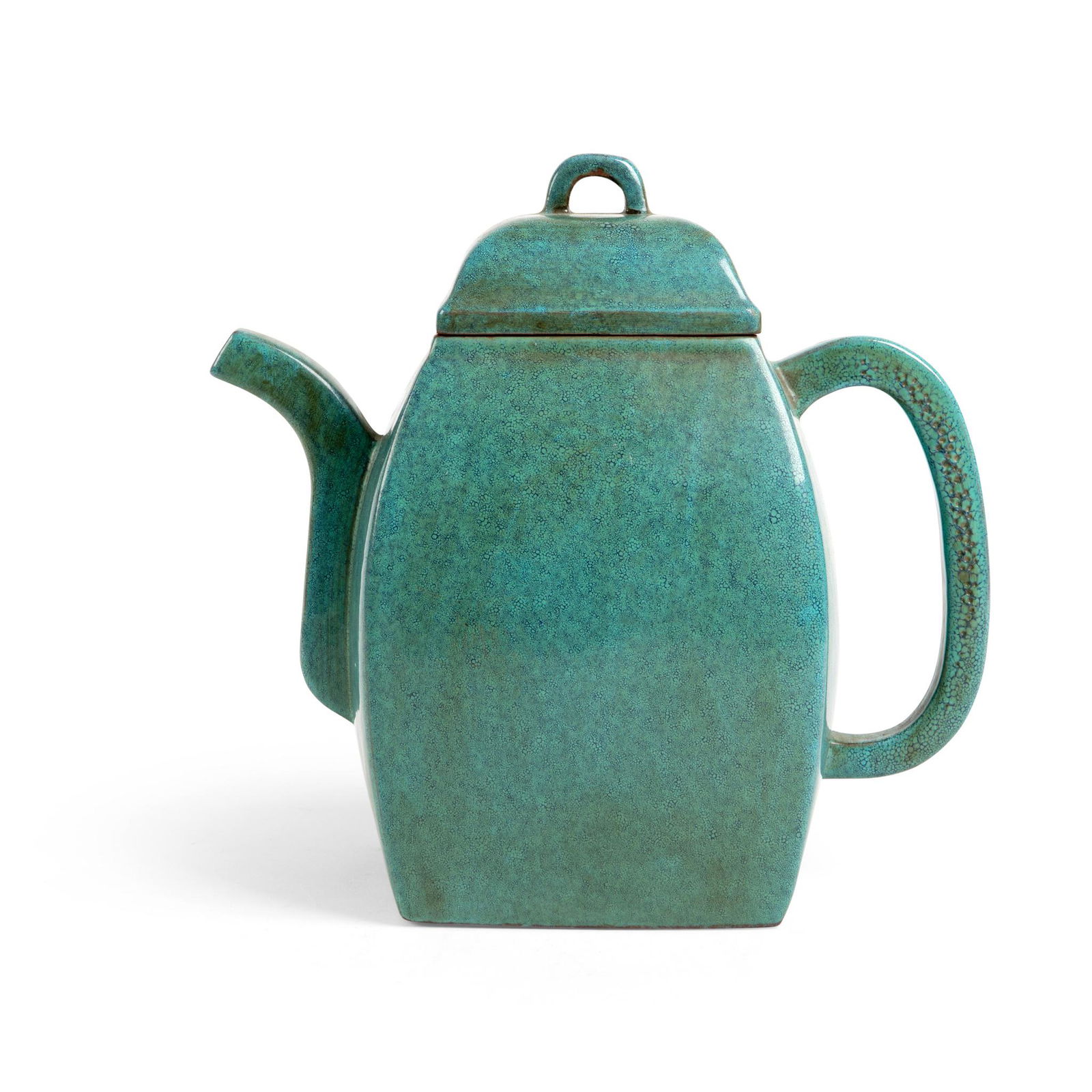 ROBIN'S-EGG-GLAZED YIXING STONEWARE EWER: with a tall square body, both the body and the domed lid covered in a thick layer of Lu-Jun-glaze fused with light and dark blue colours, the interior and the foot rim revealed the original purplish c