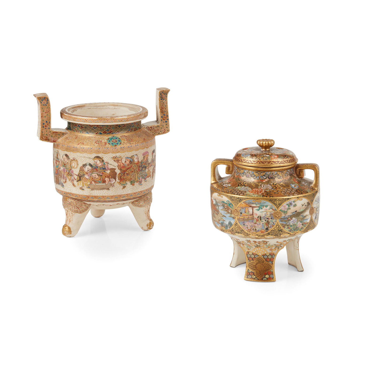 TWO SATSUMA TRIPOD CENSERS, KORO MEIJI PERIOD (1 of 1)