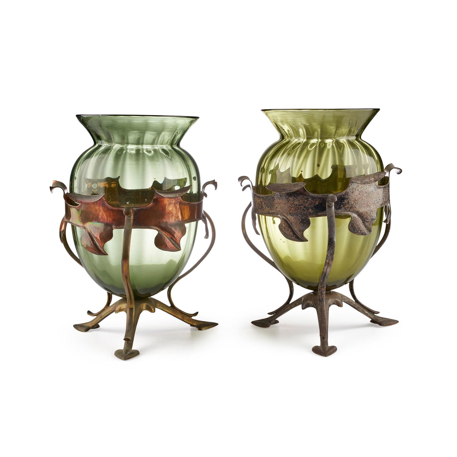 W. A. S. BENSON (1854-1924) & JAMES POWELL & SONS,: W. A. S. BENSON (1854-1924) & JAMES POWELL & SONS, WHITEFRIARS TWO ARTS & CRAFTS VASES, 1880S green glass, one copper and brass, the other silvered metal and brass, stamped BENSON and W A S BENSON res