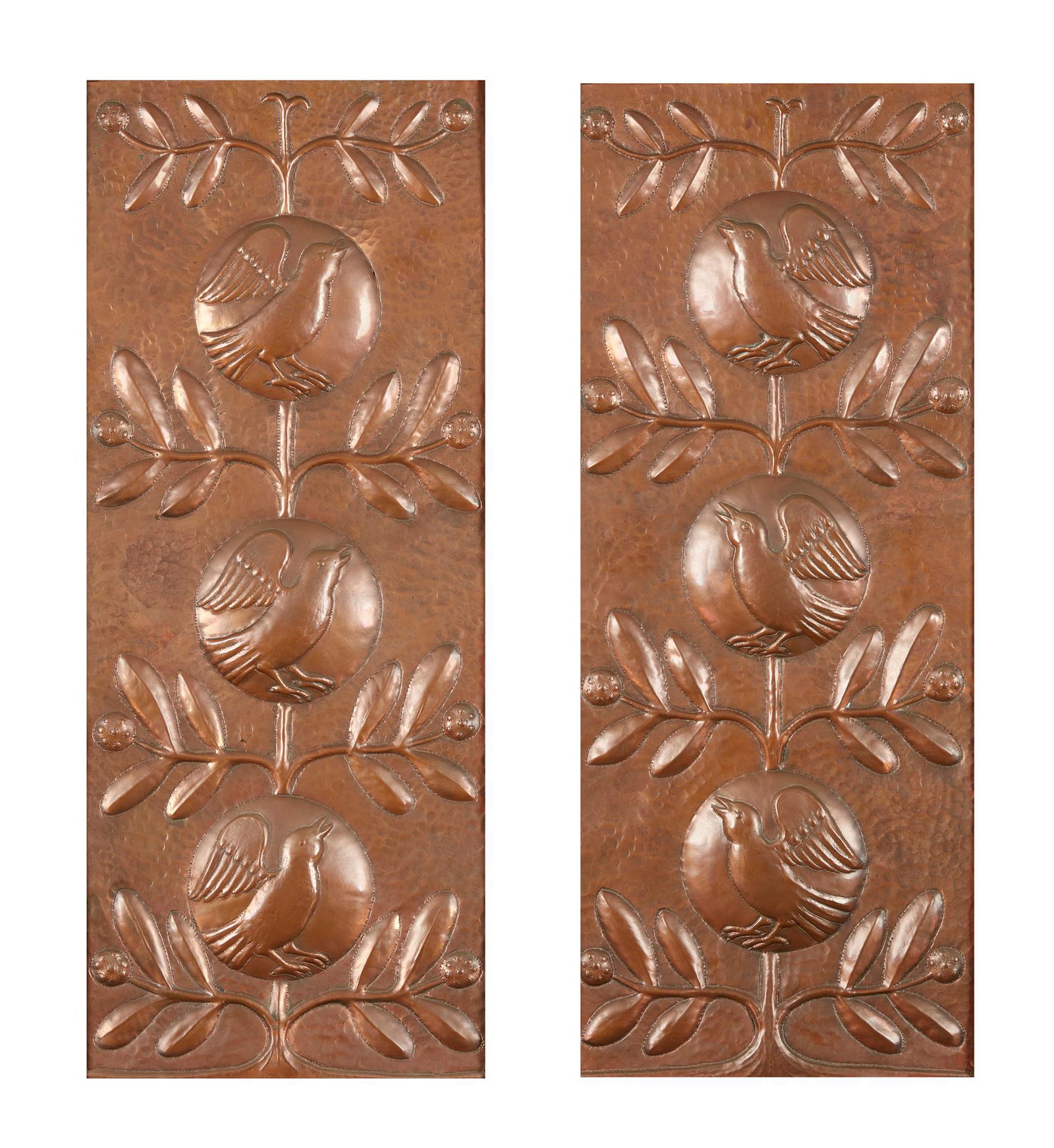 JOHN PEARSON (1859-1930) PAIR OF ARTS & CRAFTS PANELS,: JOHN PEARSON (1859-1930) PAIR OF ARTS & CRAFTS PANELS, CIRCA 1890 patinated copper, repoussé decorated, later framed, incised J.P. (each 60.5cm x 24.5cm (23 3/4in x 9 5/8in), 64.5cm x 28.5cm (25