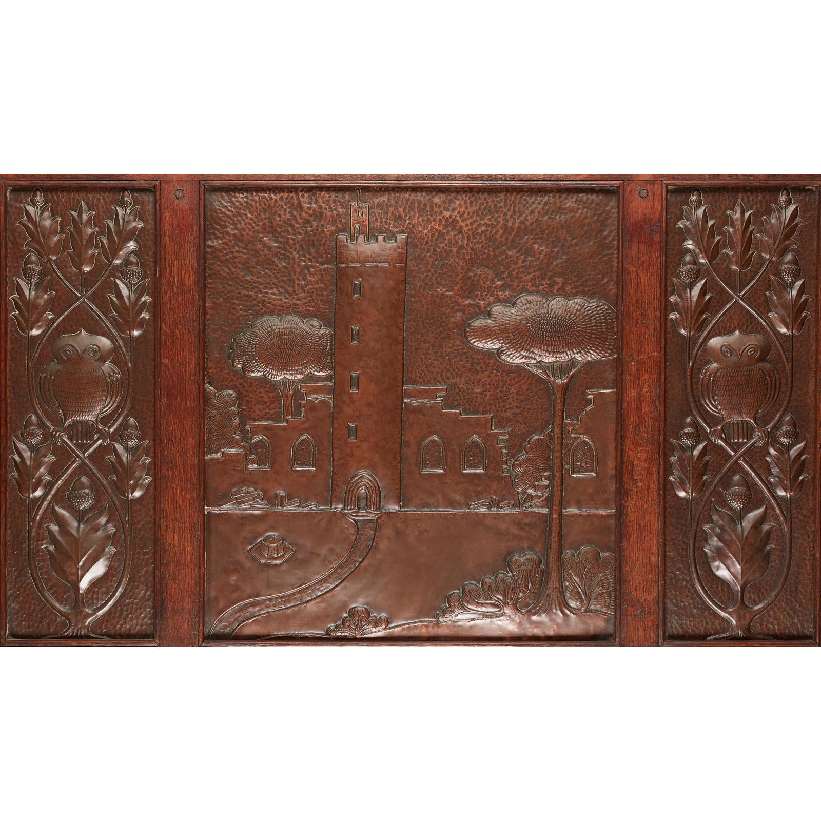 JOHN PEARSON (1859-1930) ARTS & CRAFTS TRIPTYCH PANEL,: JOHN PEARSON (1859-1930) ARTS & CRAFTS TRIPTYCH PANEL, CIRCA 1890 patinated copper, repoussÃ© decorated, period oak frame, the central panel stamped JP (64.5cm x 106.5cm (25 1/2in x 42in) framed)