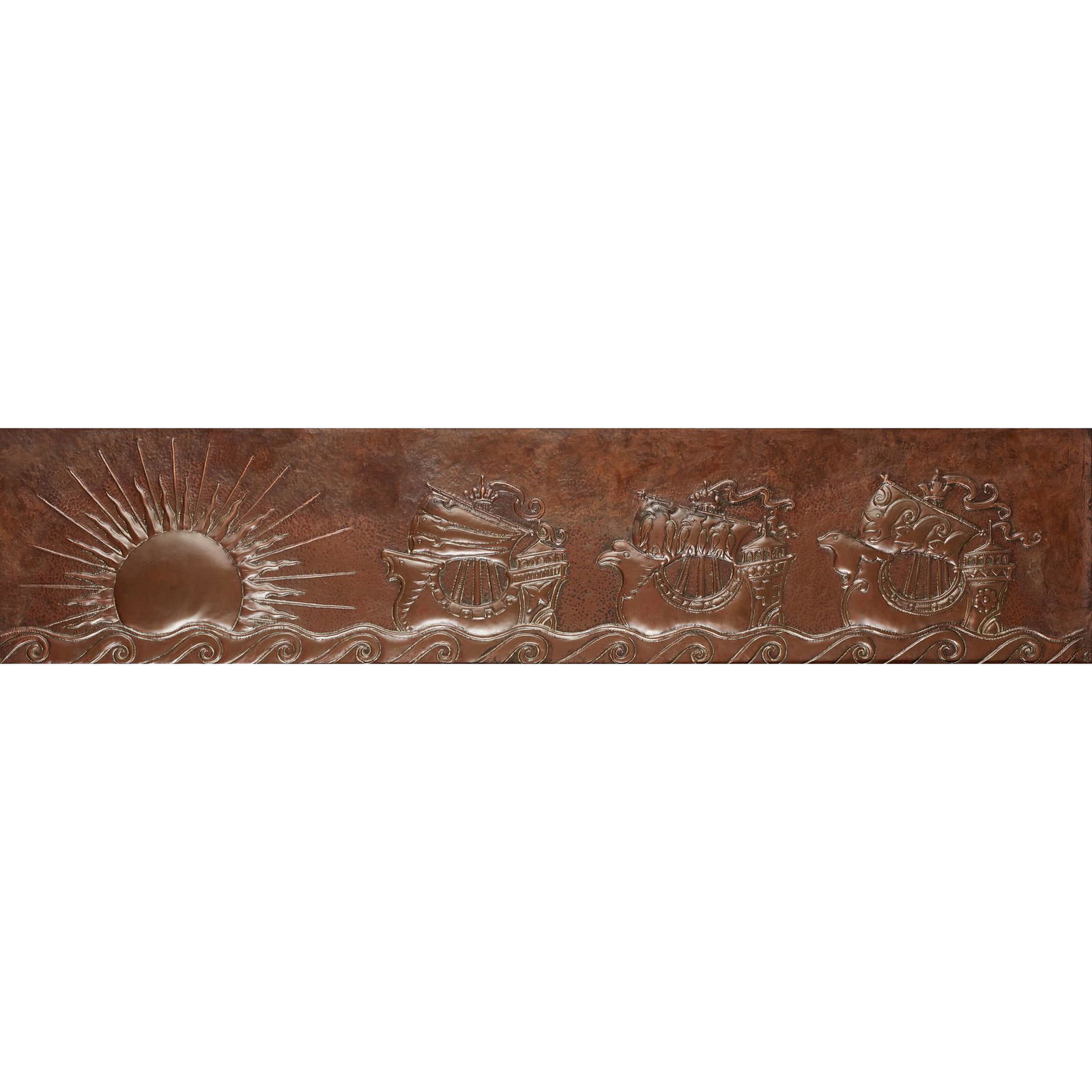 JOHN PEARSON (1859-1930) ARTS & CRAFTS PANEL, 1898: JOHN PEARSON (1859-1930) ARTS & CRAFTS PANEL, 1898 patinated copper, repoussé decorated, later framed, incised J. PEARSON 1898 (panel 25cm x 115.5cm (9 7/8in x 45 1/2in), 34cm x 124cm (13 3/8in x