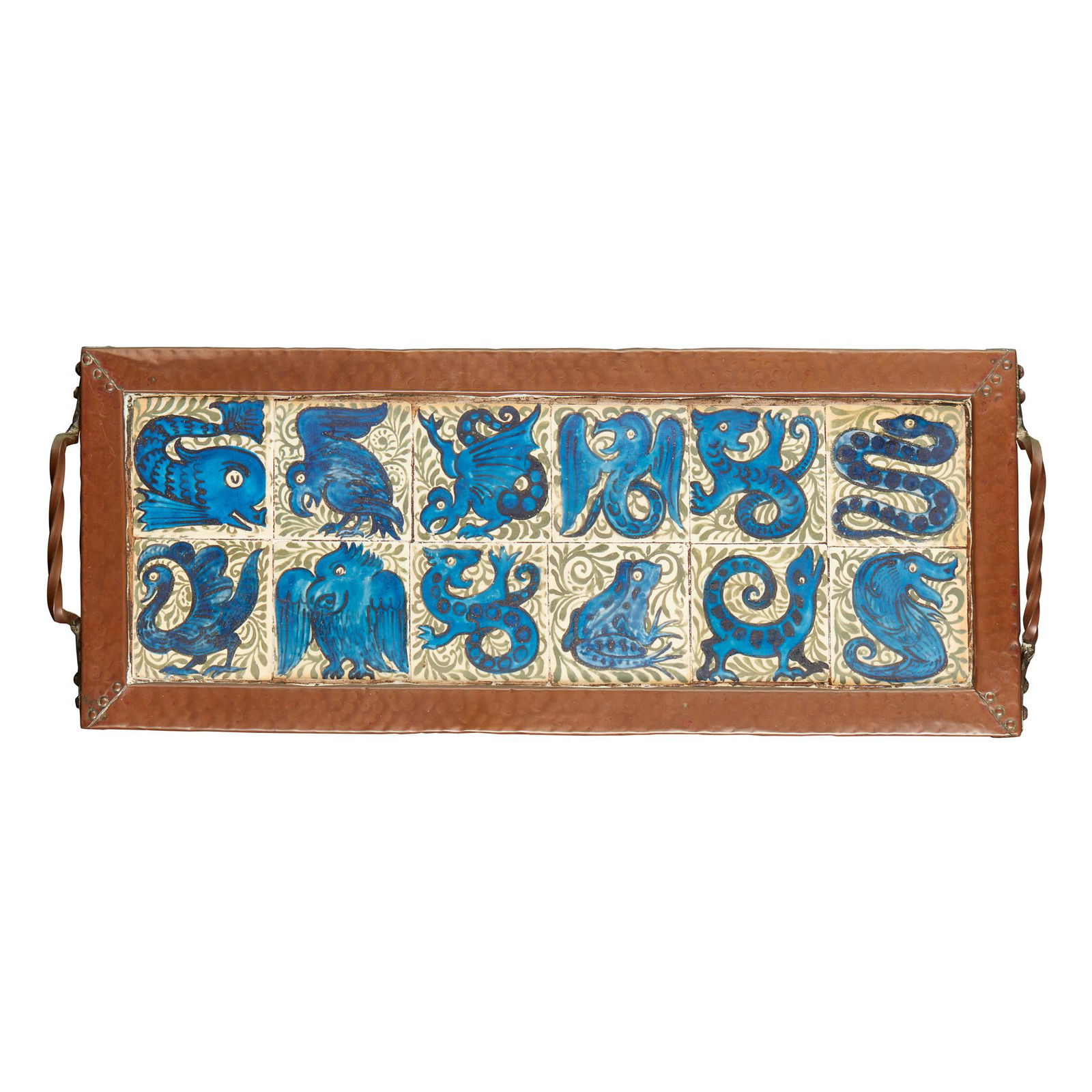 JOHN PEARSON (1859-1930) ARTS & CRAFTS TILED TRAY,: JOHN PEARSON (1859-1930) ARTS & CRAFTS TILED TRAY, CIRCA 1880 painted earthenware, with copper frame (each tile 7.5cm (3in) sq., tray 53cm 20 7/8in) wide, 20.5cm (8in) deep) Footnote: Literature: Cole