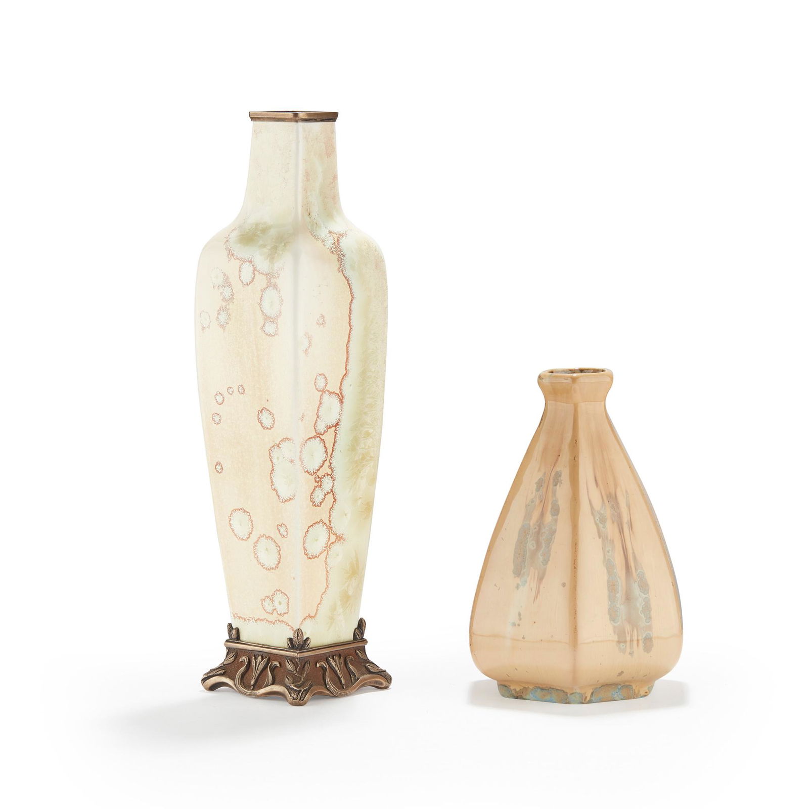 SÈVRES, FRANCE VASE, 1901: SÈVRES, FRANCE VASE, 1901 probably designed by Alexandre Sandier, pâte nouvelle porcelain with crystalline glaze, bronze mounted, black printed cypher S1901, incised H 00 12 PN, 24cm (9 1/2i