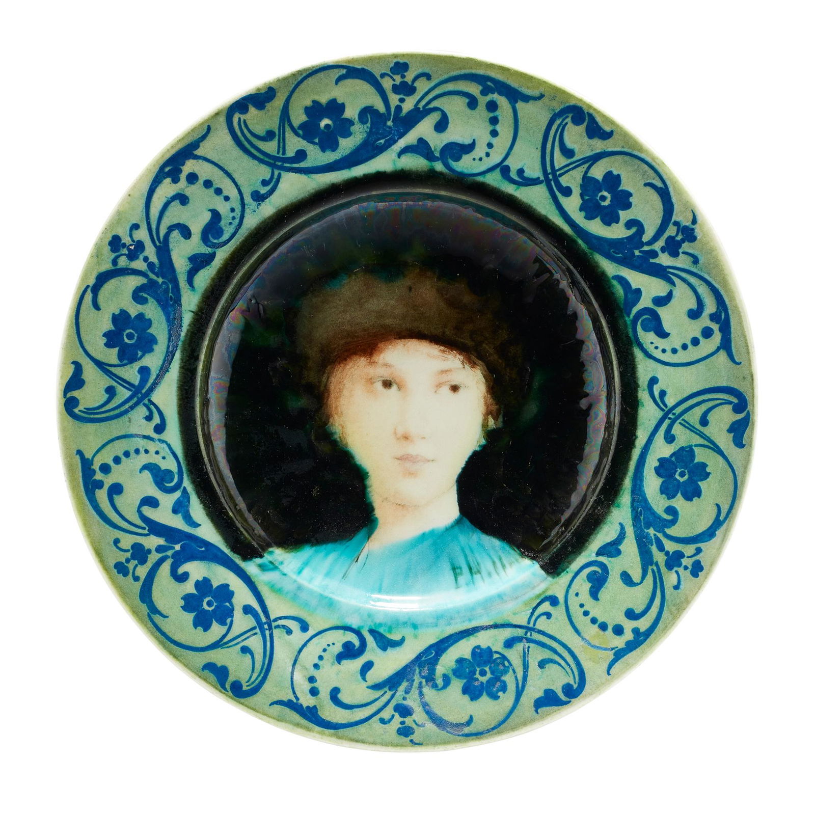 THÉODORE DECK (1823-1891) & PAUL-CÉSAR HELLEU: THÉODORE DECK (1823-1891) & PAUL-CÉSAR HELLEU (1859-1927) CHARGER, CIRCA 1885 glazed earthenware, painted P. C. HELLEU, impressed painted THDECK (32.3cm (12 3/4in) diameter) Footnote: Litera