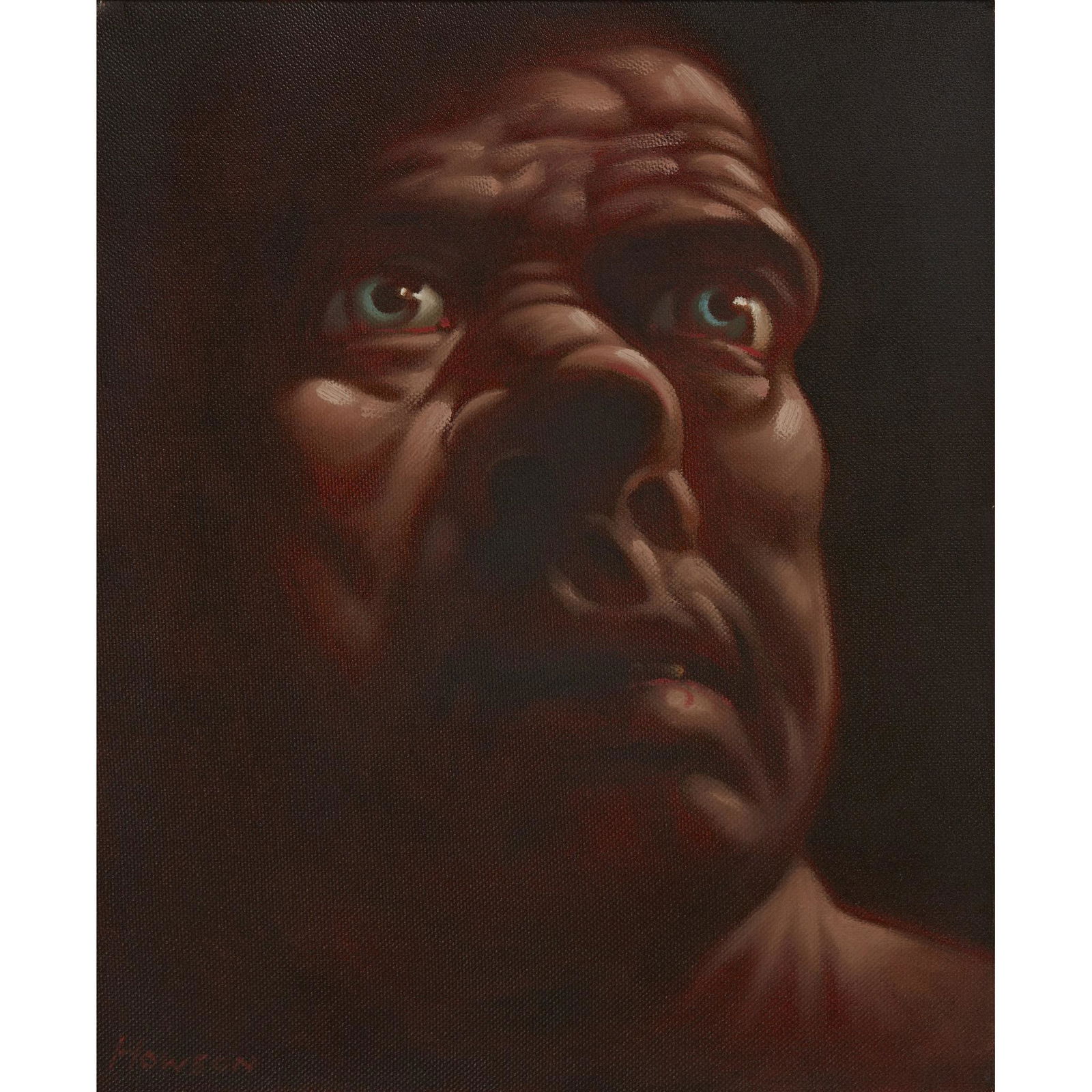§ PETER HOWSON O.B.E. (SCOTTISH 1958-) UNTITLED: Signed lower left, oil on canvas (Dimensions: 30cm x 26cm (11.75in x 10.25in))(30cm x 26cm (11.75in x 10.25in))